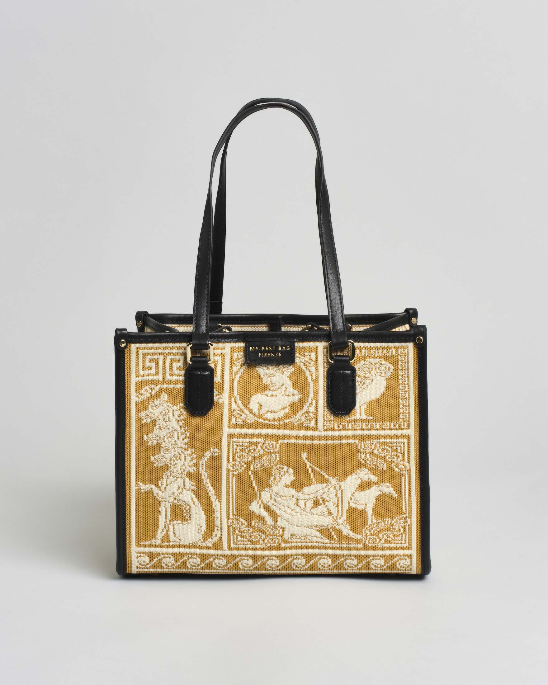 Borsa Atena Agorà media My Best Bag color ocra in tessuto con ricami a rilievo