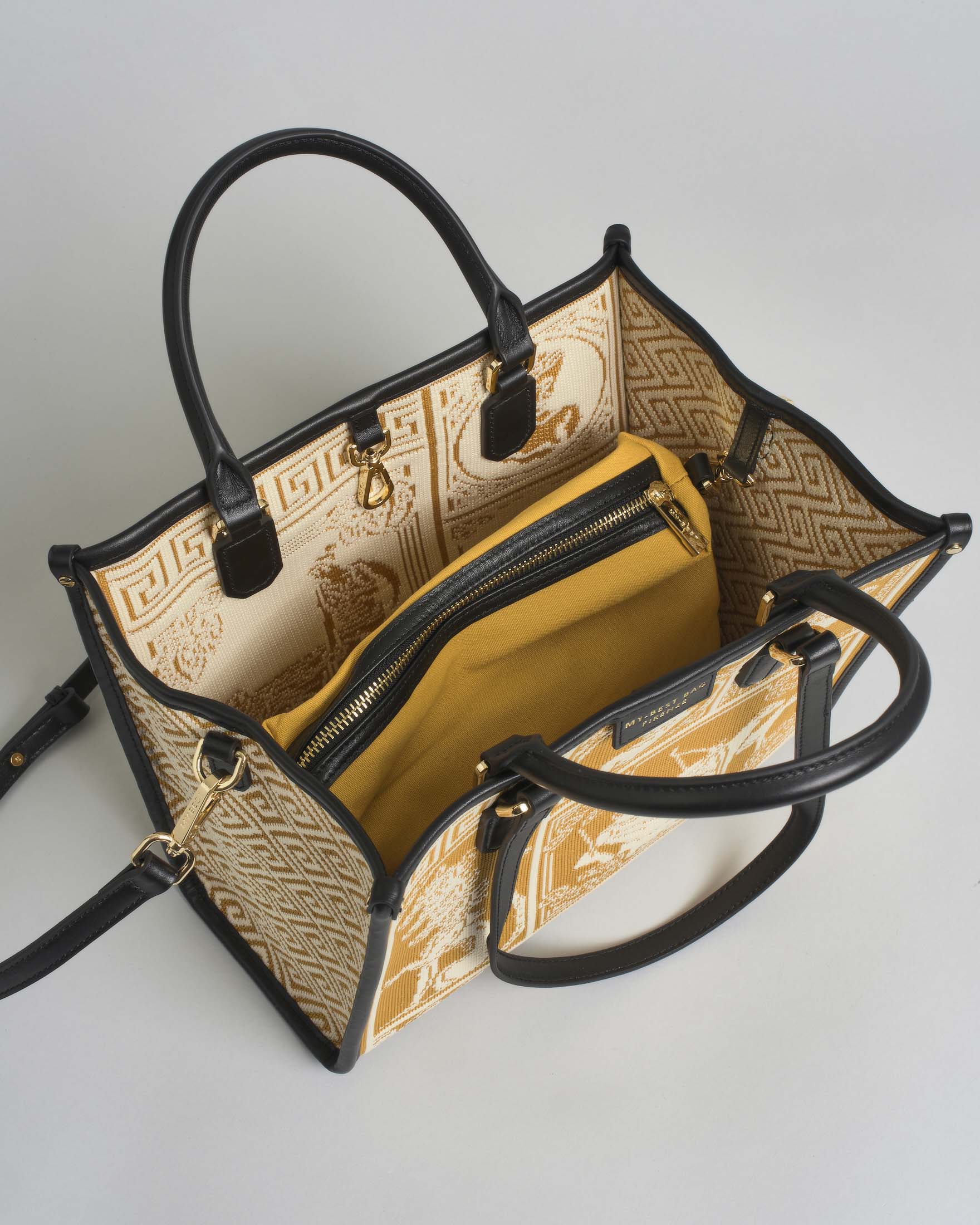 Borsa Atena Agorà media My Best Bag color ocra in tessuto con ricami a rilievo image