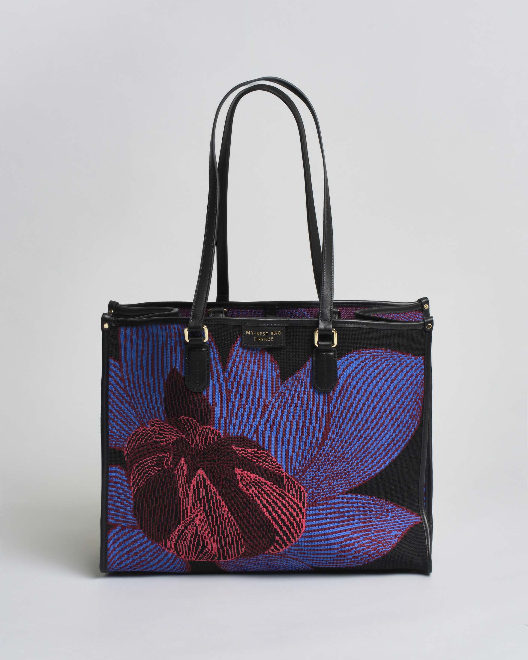 Borsa Atena Biophi grande My Best Bag nera in tessuto con ricami floreali