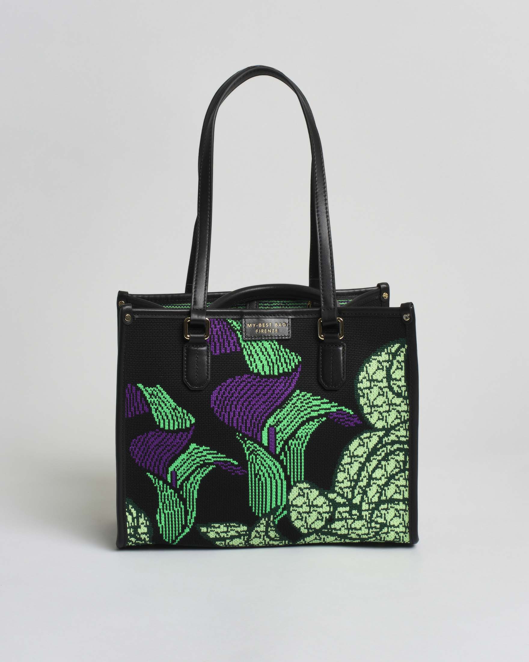 Borsa Atena Biophi media My Best Bag nera in tessuto con fiori ricamati