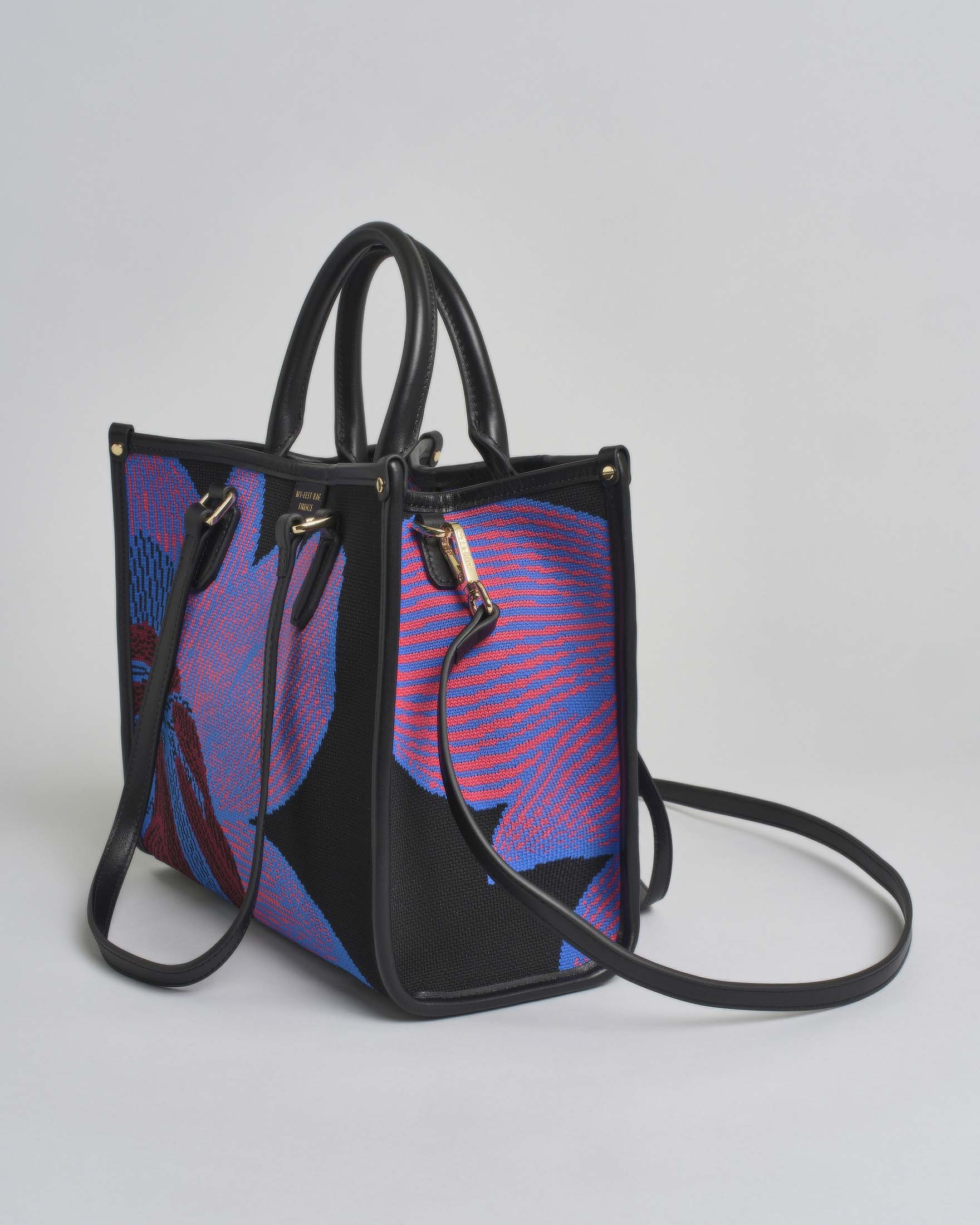 Borsa Atena Biophi media My Best Bag nera in tessuto con fiore viola ricamato image