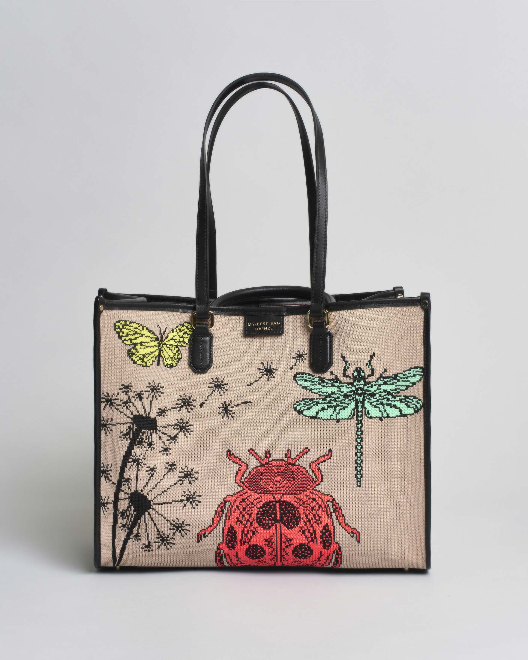 Borsa Atena Etholo grande My Best Bag beige in tessuto con ricami di insetti