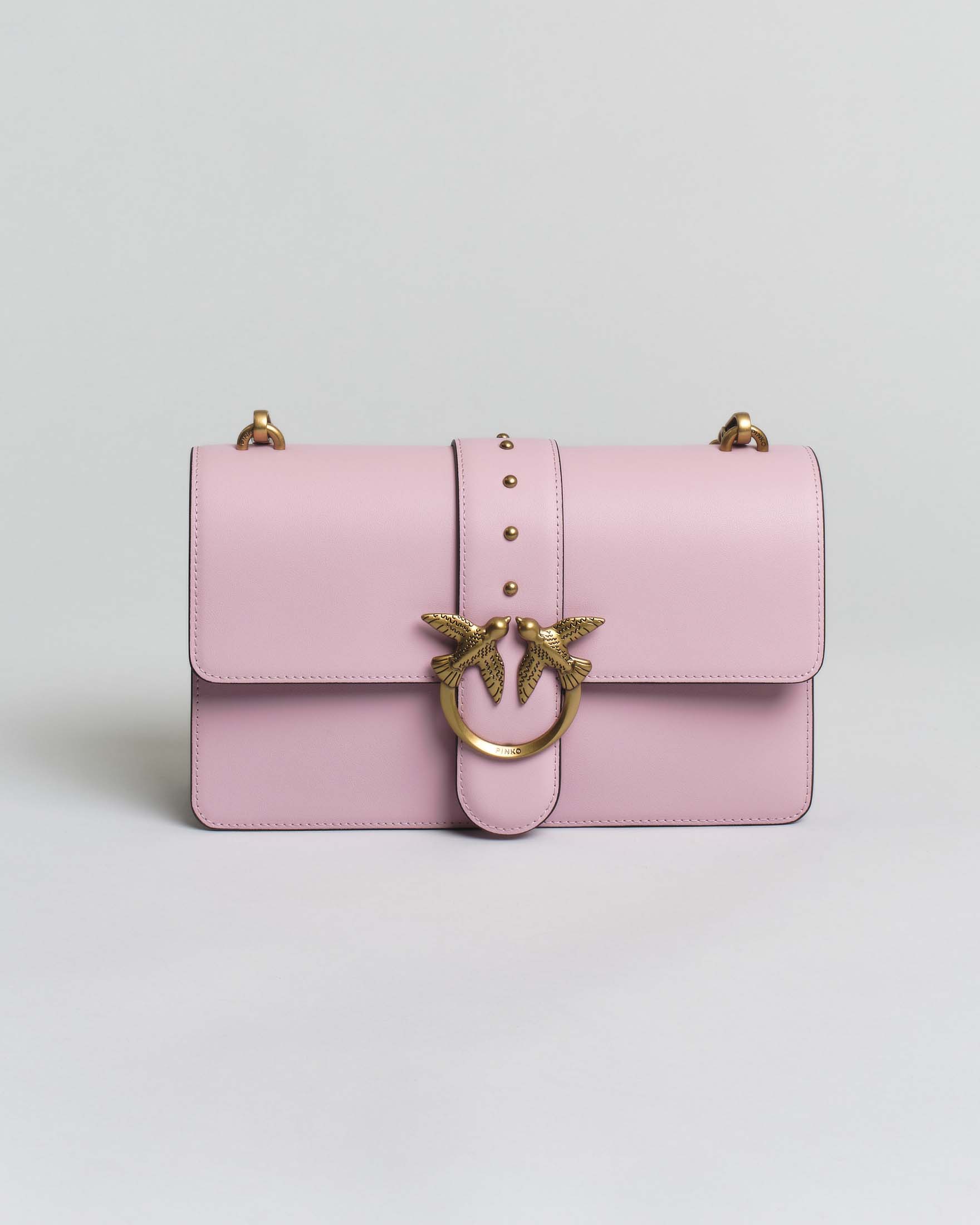 Borsa Love Bag One in pelle liscia rosa con fibbia Love Birds dorata e tracolla a catena