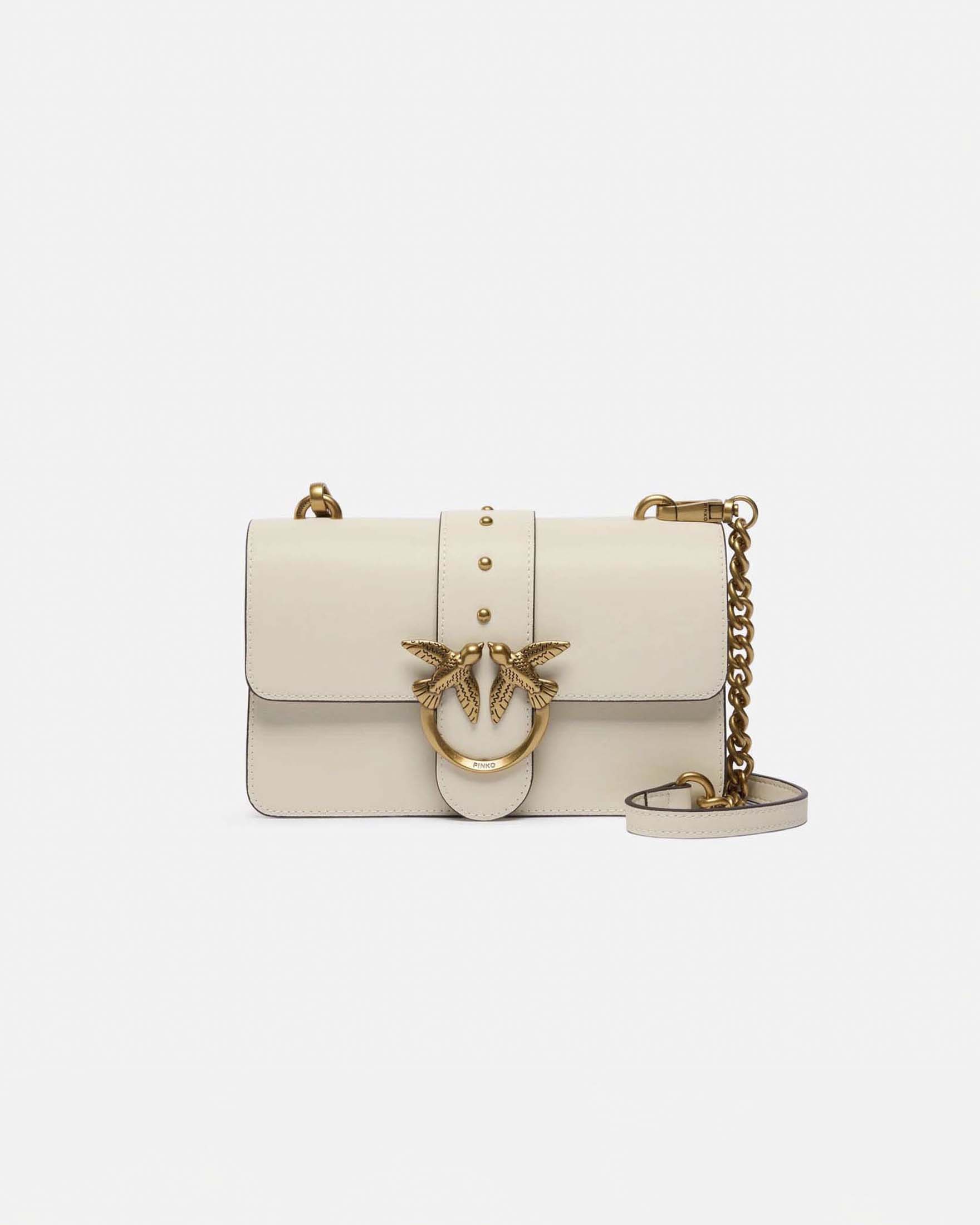 Borsa piccola Love Bag One in pelle liscia bianca con fibbia Love Birds dorata e tracolla a catena