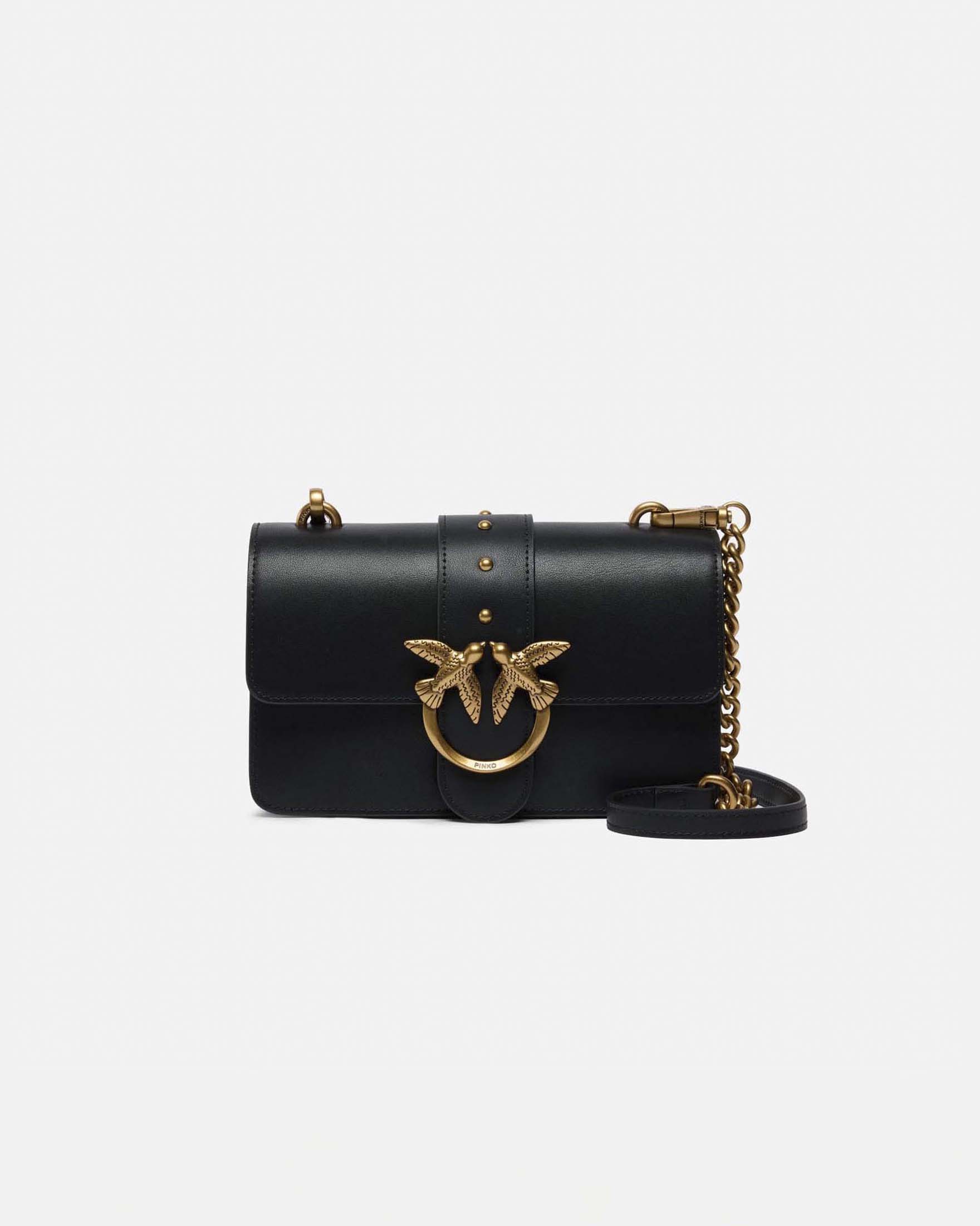 Borsa piccola Love Bag One in pelle liscia nera con fibbia Love Birds dorata e tracolla a catena
