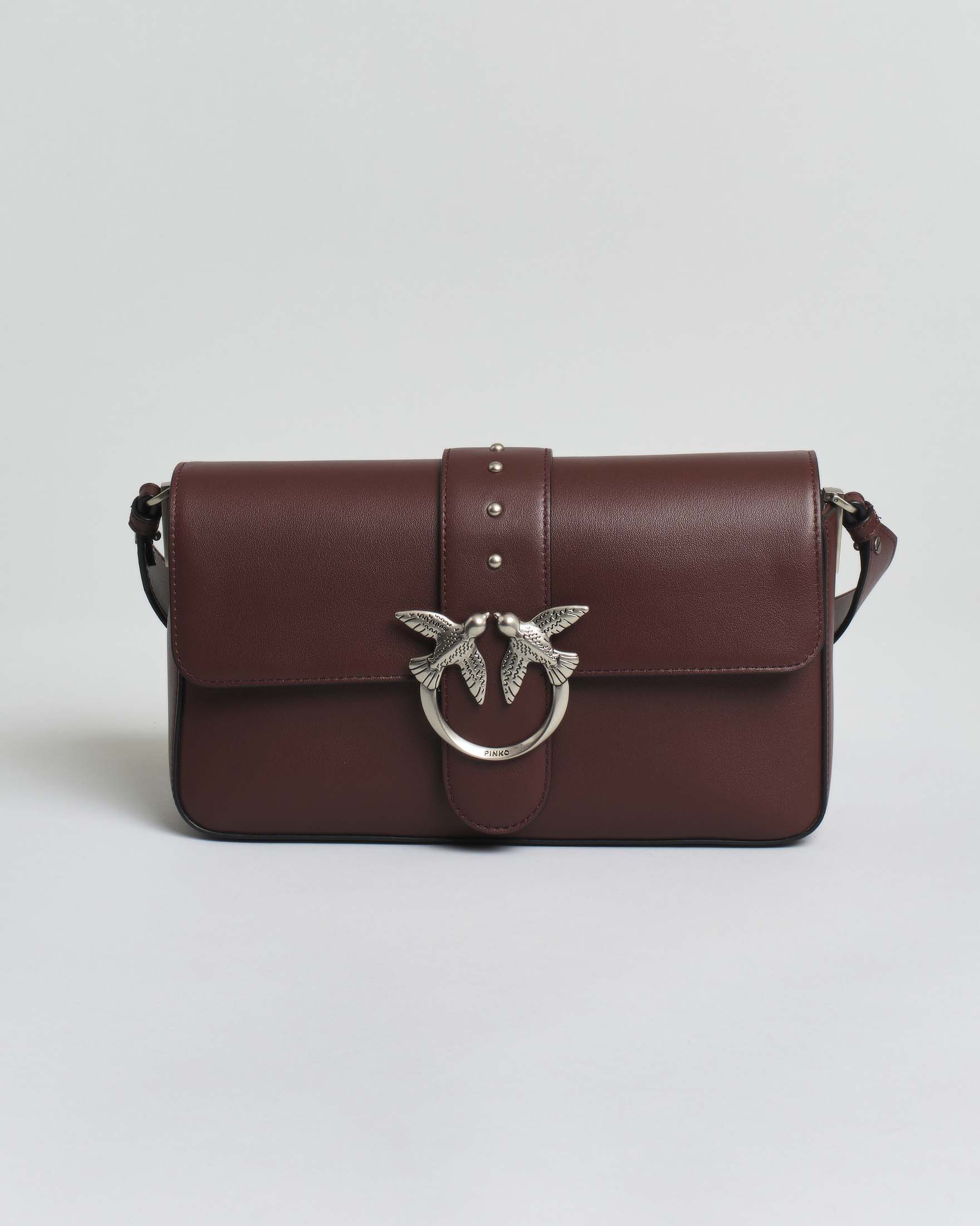 Borsa Love Bag Slouchy Pinko in pelle bordeaux con tracolla e fibbia Love Birds argentata