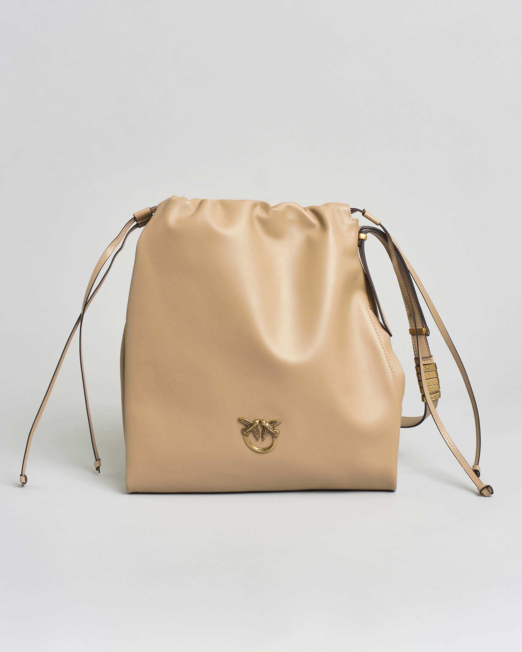 Borsa a sacchetto media beige in pelle liscia con fibbia Love Birds dorata e tracolla