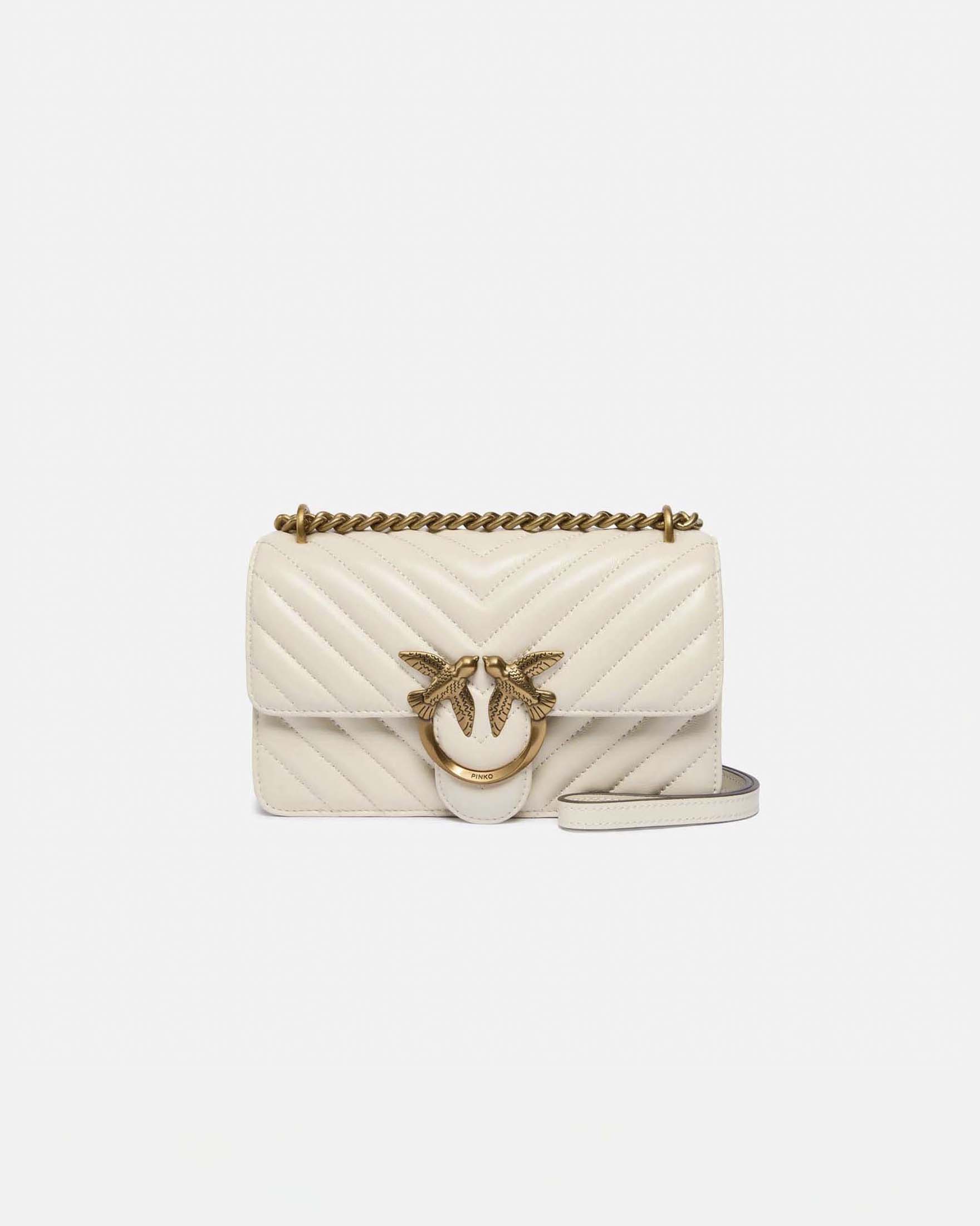 Borsa Mini Love Bag One Chevron in pelle bianca con fibbia Love Birds dorata e tracolla