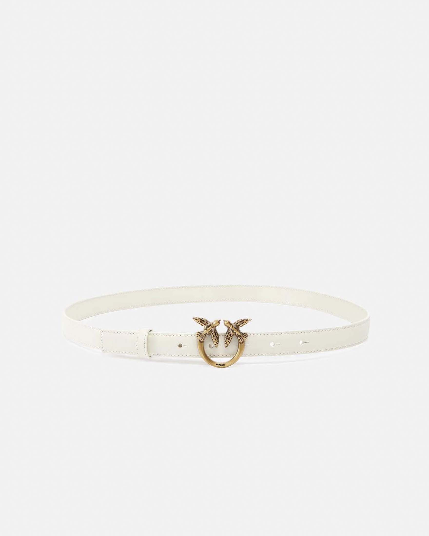 Cintura sottile Love Birds in pelle liscia bianca con fibbia logo dorata