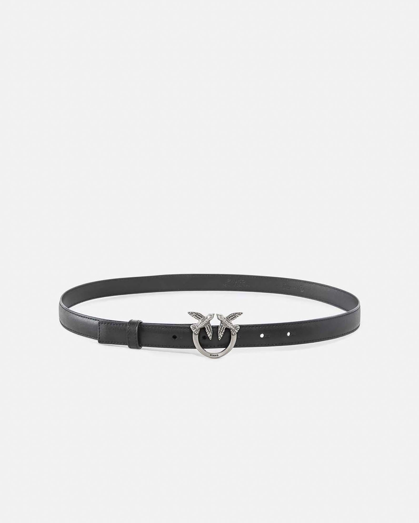 Cintura sottile Love Birds in pelle liscia nera con fibbia logo argentata