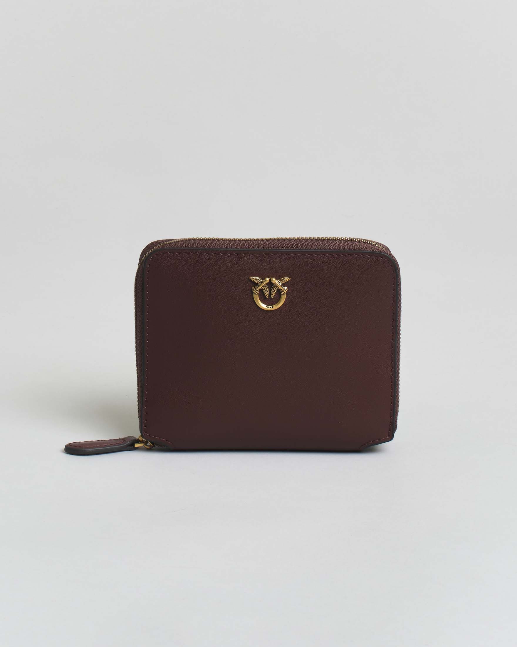 Portafoglio bordeaux zip-around in pelle liscia con fibbia Love Birds dorata