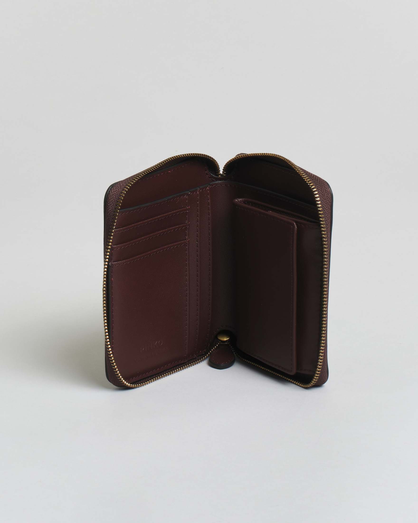 Portafoglio Pinko bordeaux zip-around in pelle liscia con fibbia Love Birds dorata image