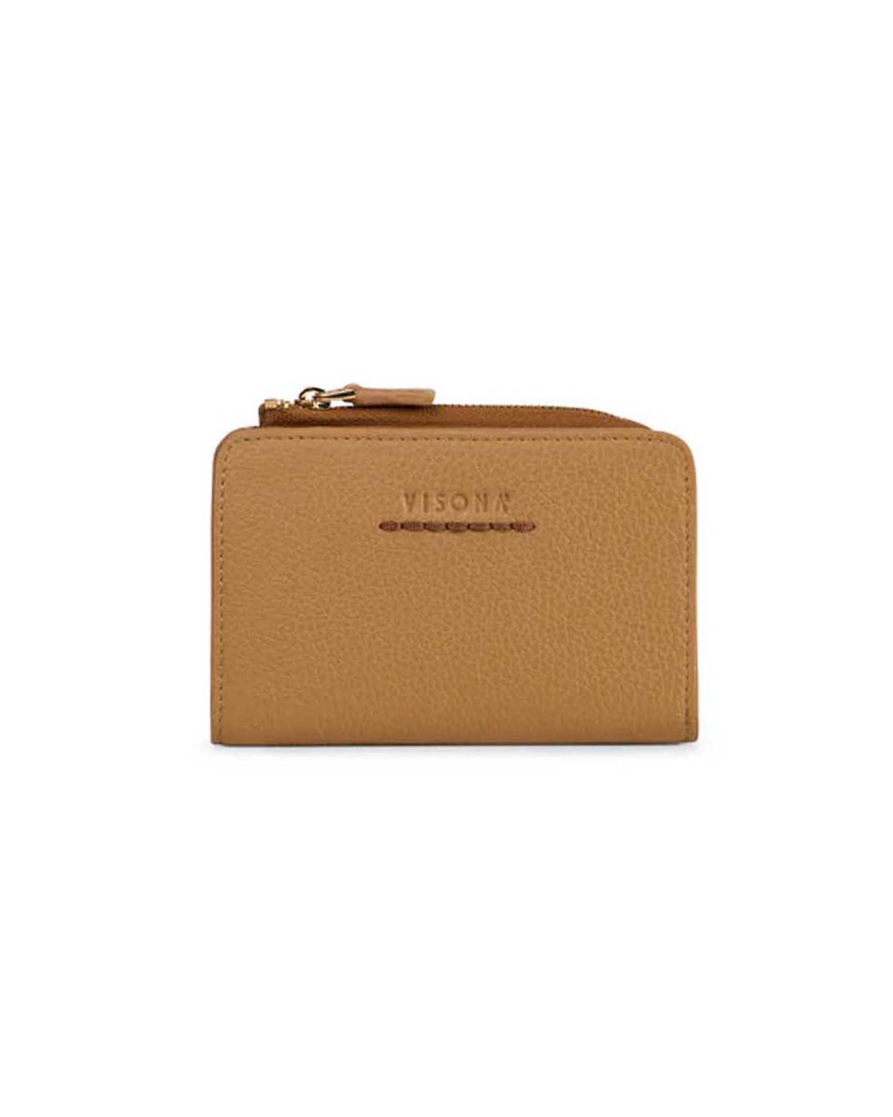 Portafoglio a libro color cammello Visonà in pelle martellata con portamonete chiuso a zip