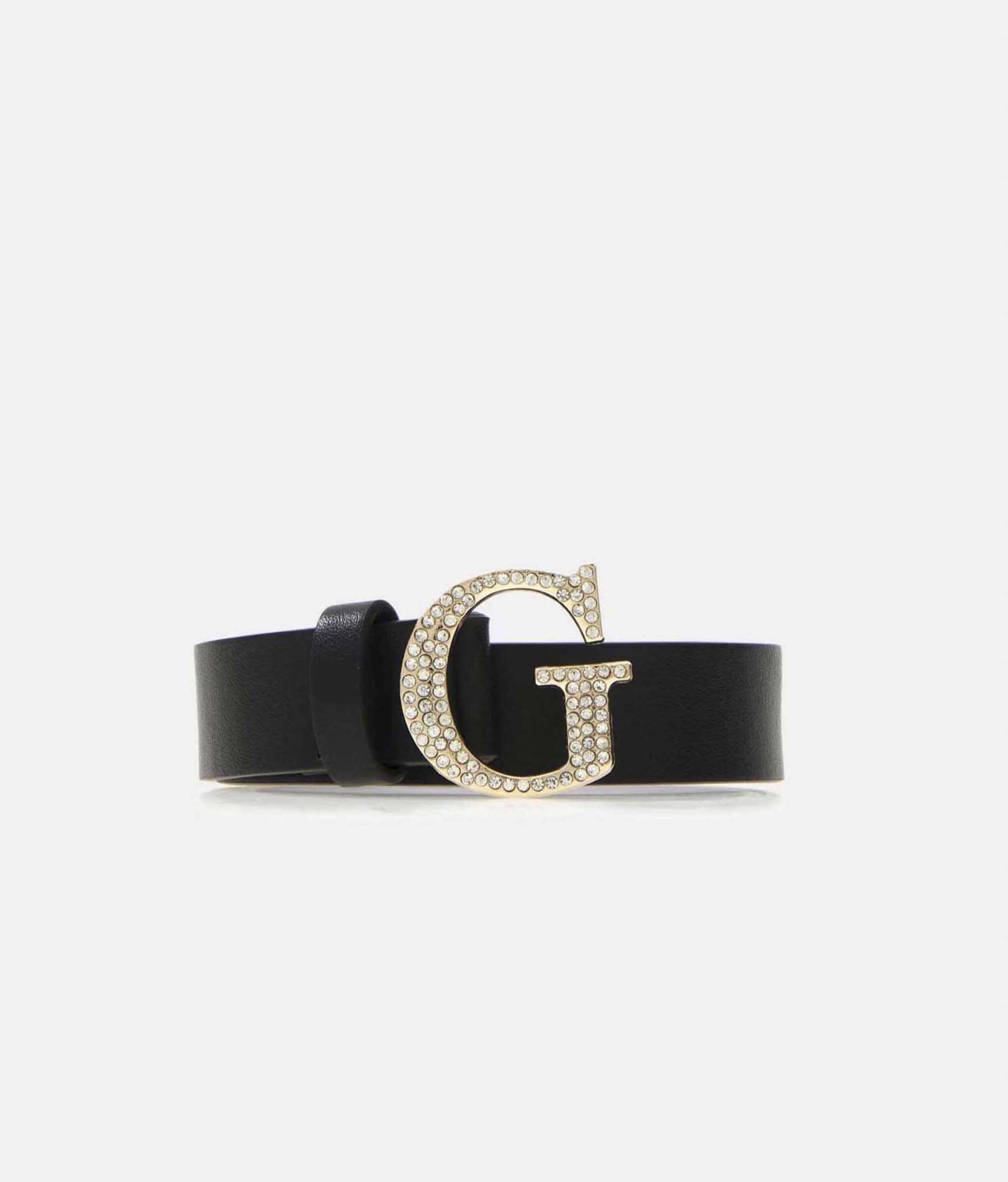 Cintura Guess Kids nera in similpelle con fibbia logo G dorata e strass applicati