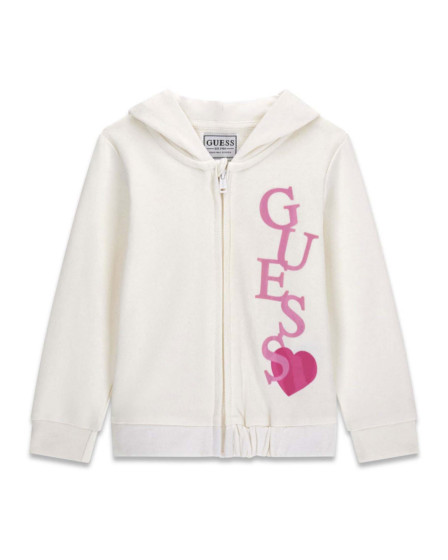 Felpa con cappuccio Guess Kids bianca in cotone con stampa logo rosa frontale