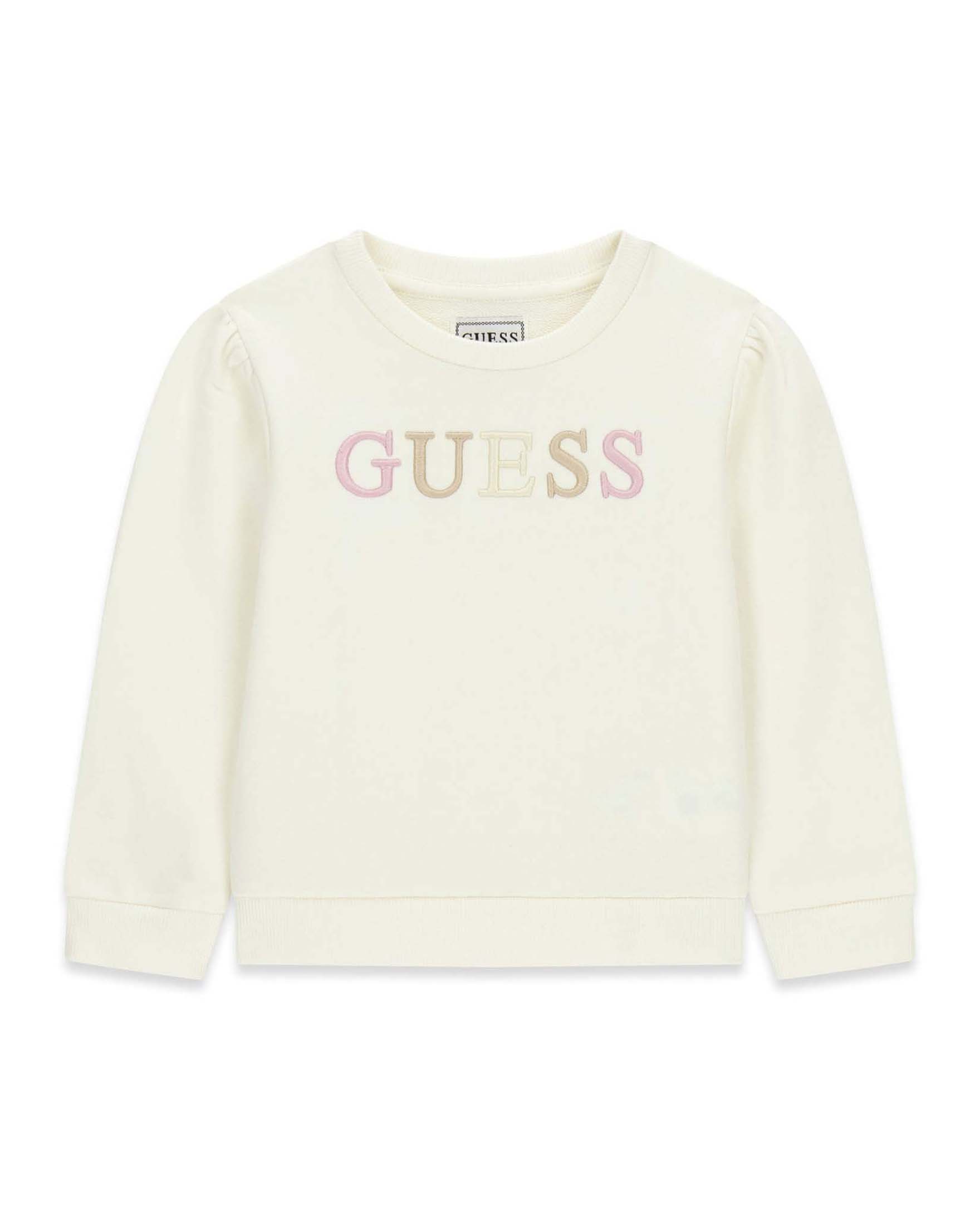 Felpa Guess Kids panna in cotone biologico con logo ricamato multicolore sul davanti
