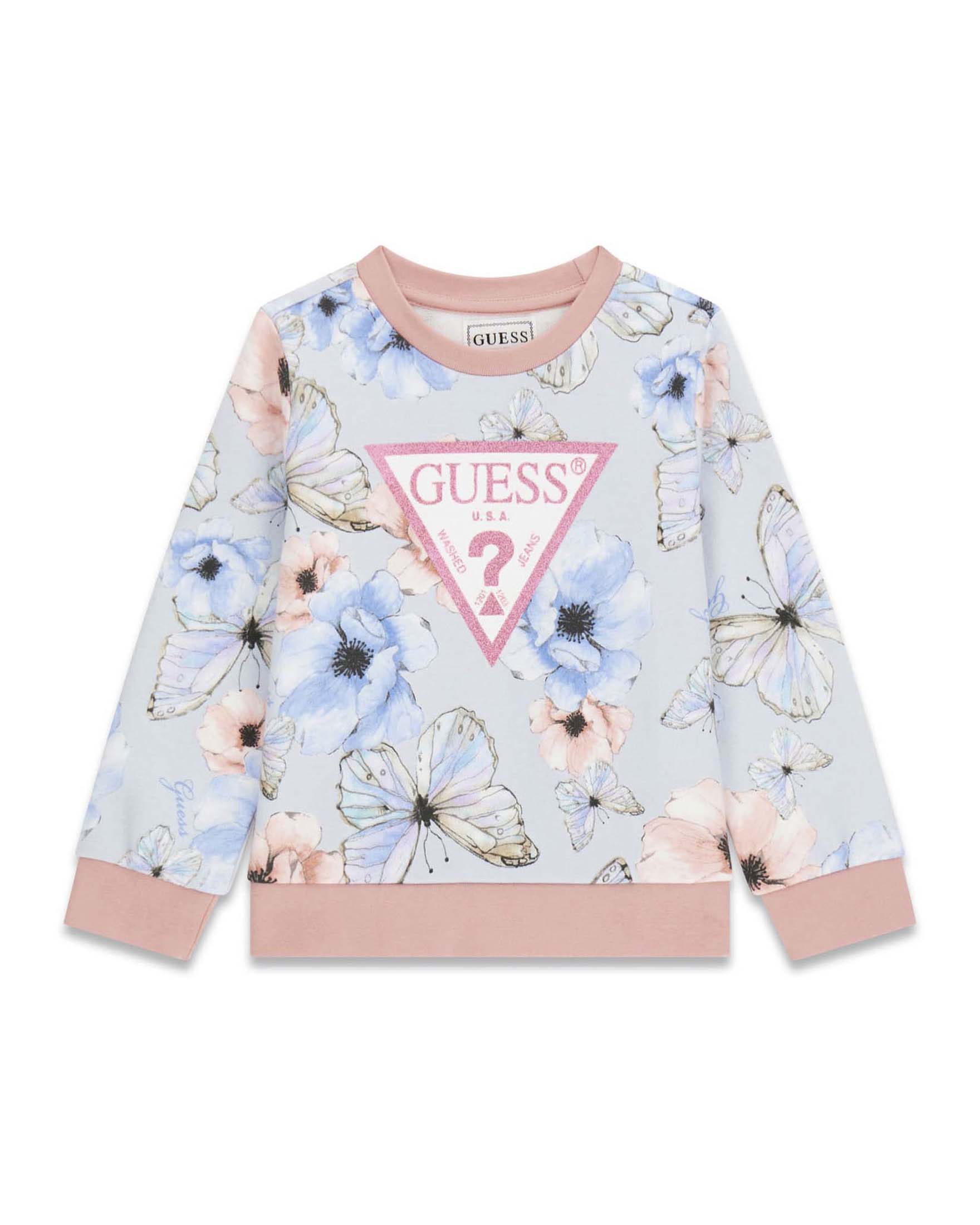 Felpa Guess Kids azzurra in cotone con stampa fiori e farfalle e logo glitterato