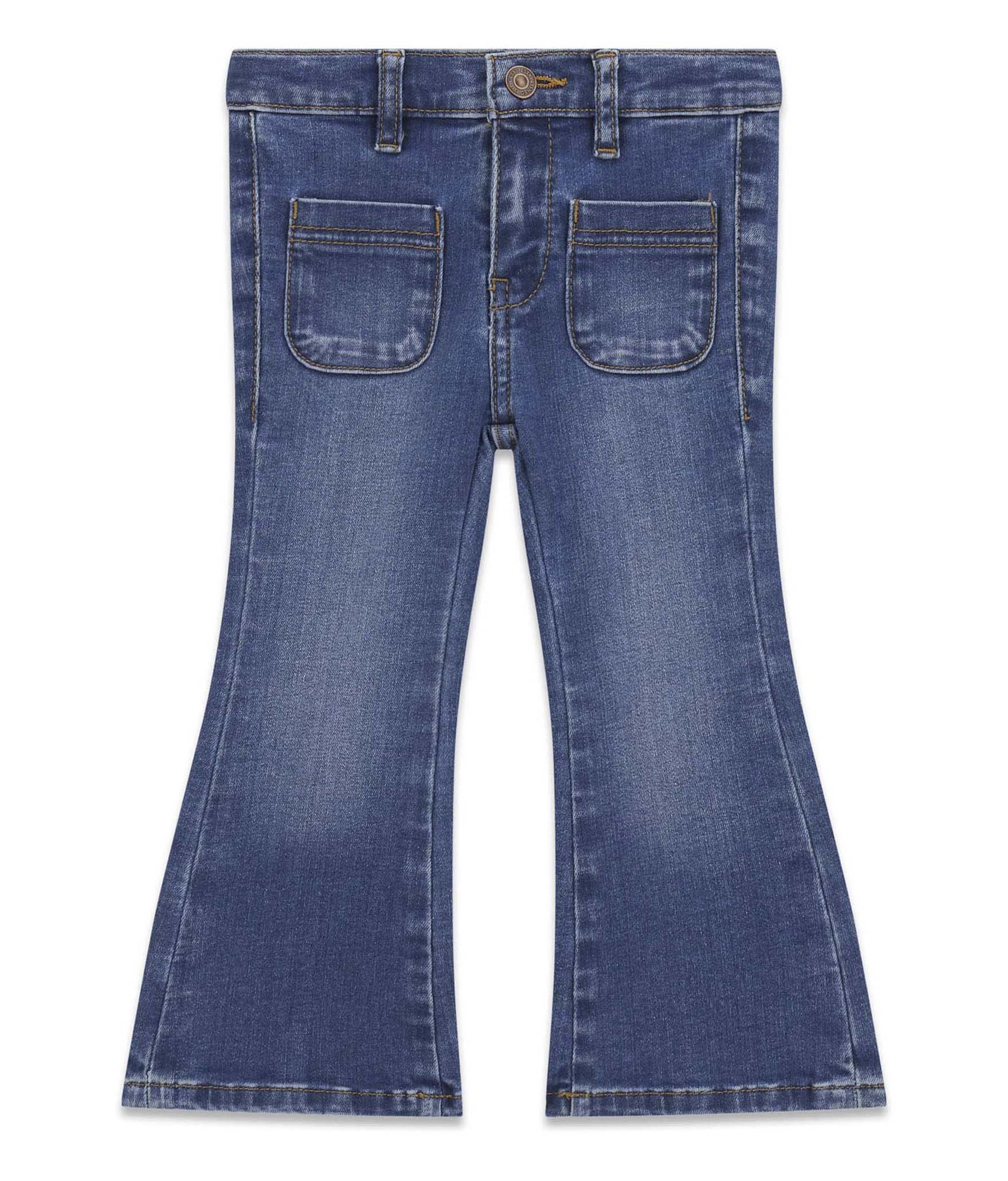 Jeans flare Guess Kids blu medium wash in cotone con logo ricamato sul retro