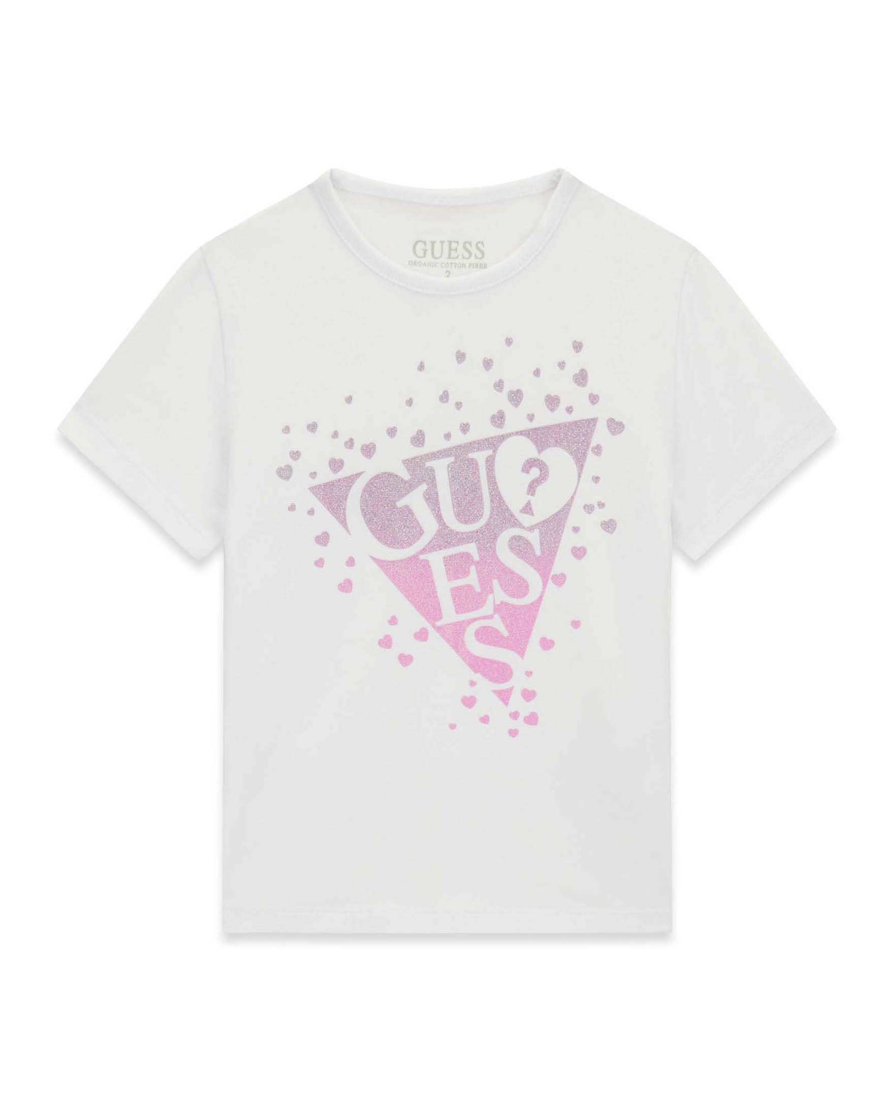 T-shirt mezza manica Guess Kids bianca in jersey cotone elasticizzato con logo glitterato