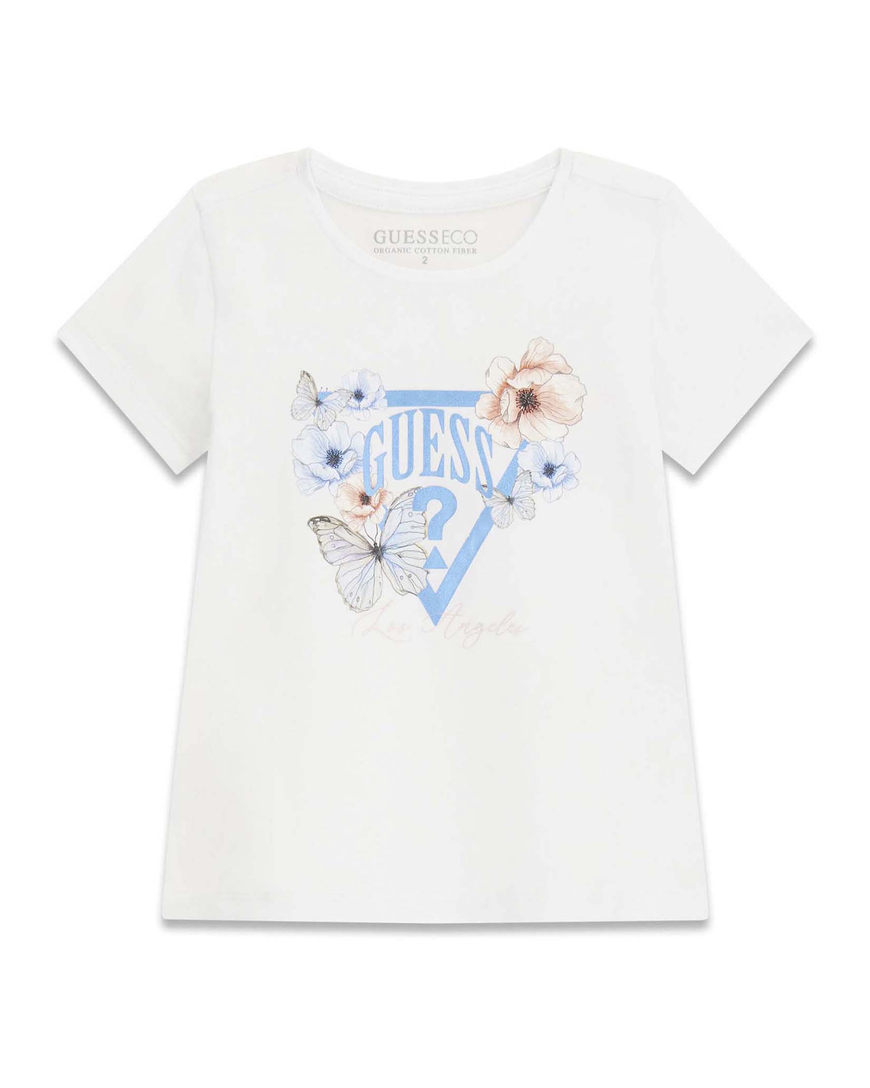 T-shirt Guess Kids bianca in jersey misto cotone con stampa logo e farfalle