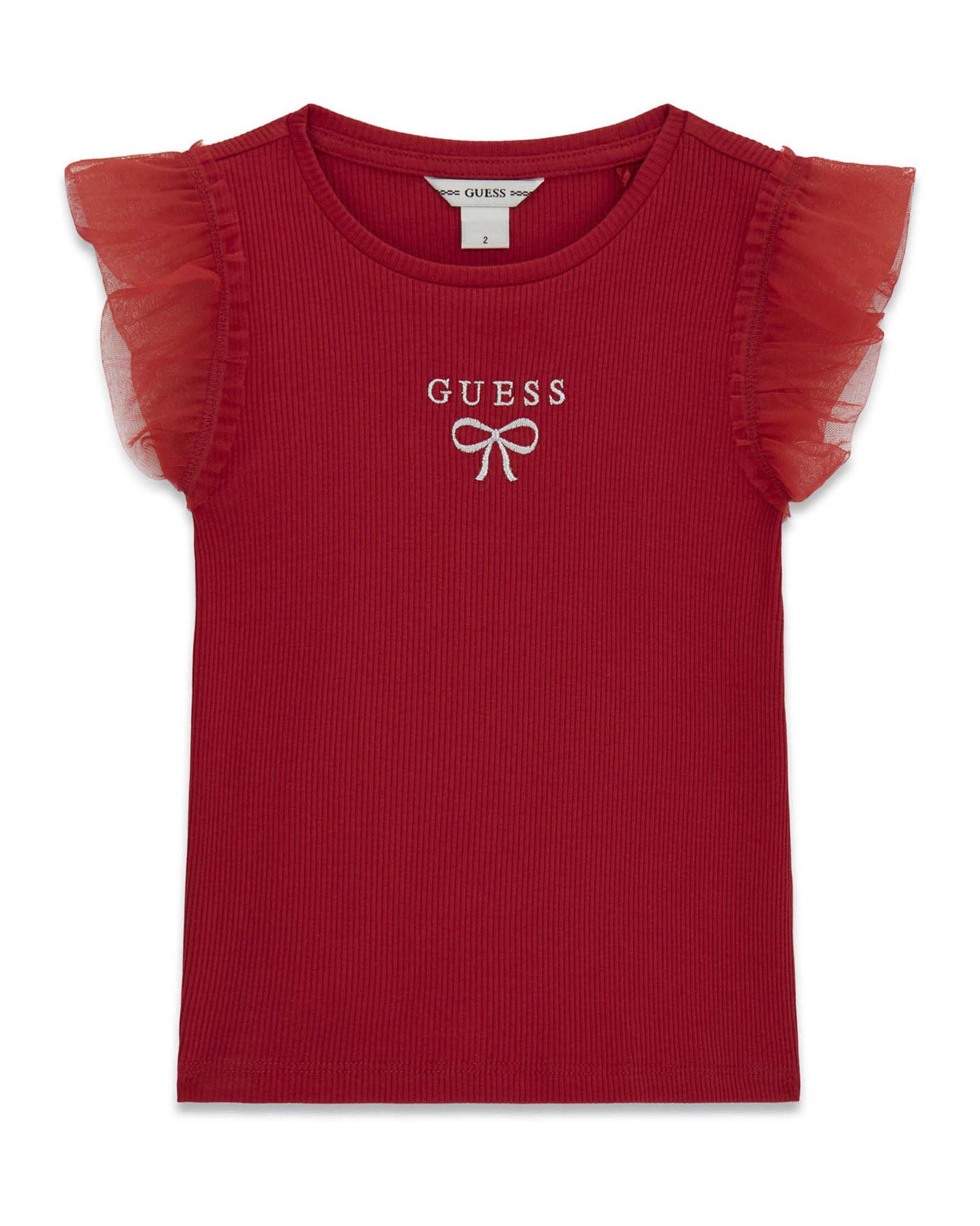 T-shirt mezza manica Guess Kids rossa in cotone con logo ricamato e maniche in t