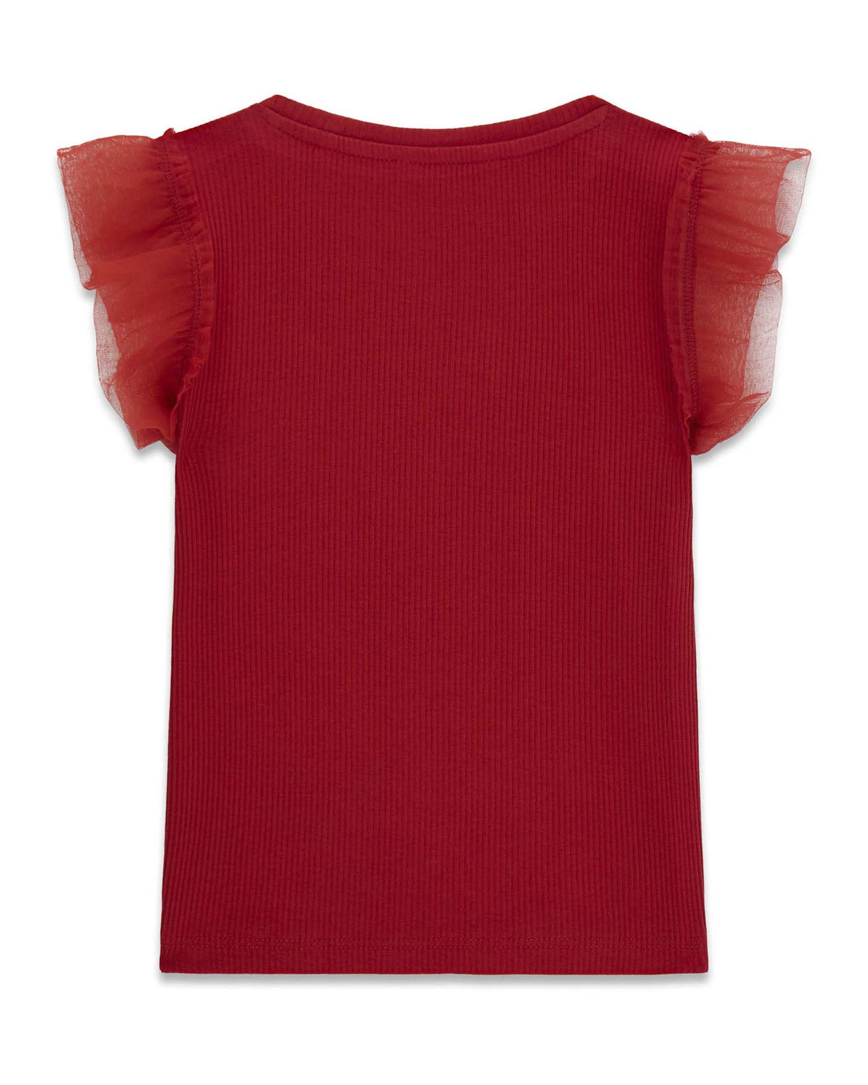 T-shirt mezza manica Guess Kids rossa in cotone con logo ricamato e maniche in t image