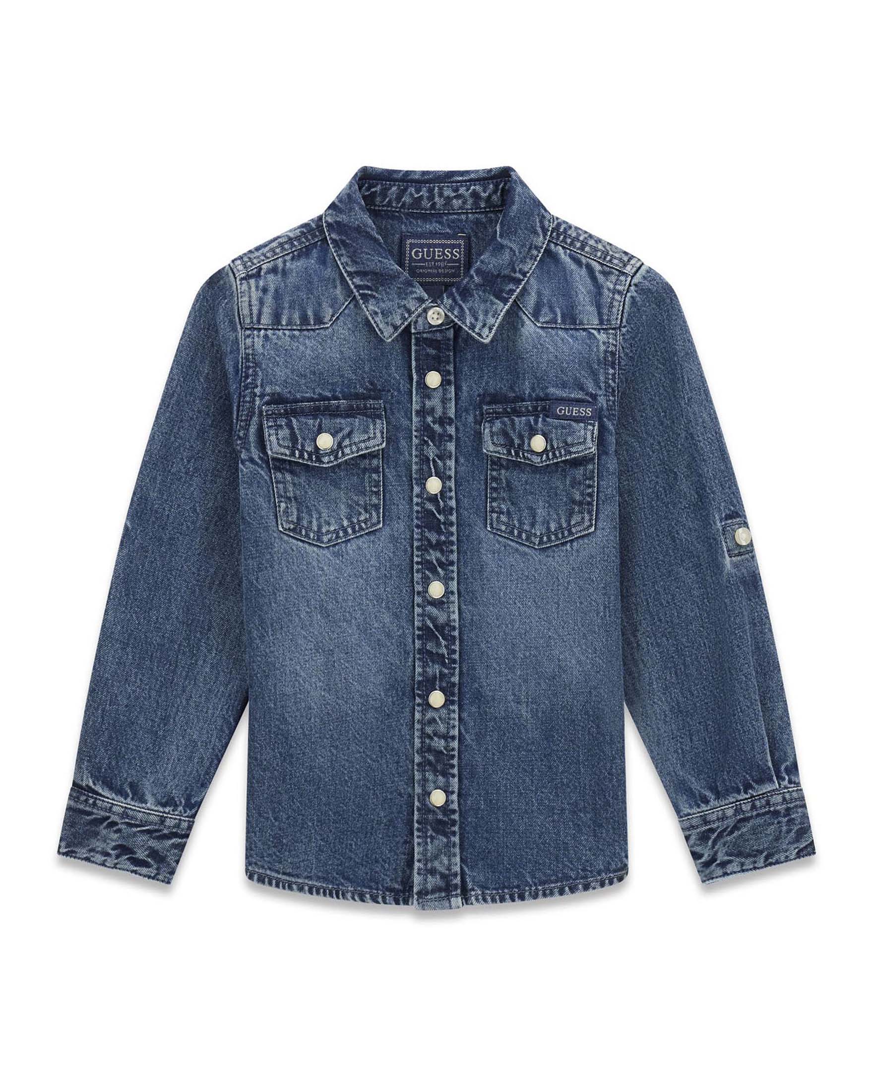 Camicia in denim Guess Kids blu medium wash in cotone con logo ricamato sulla tasca
