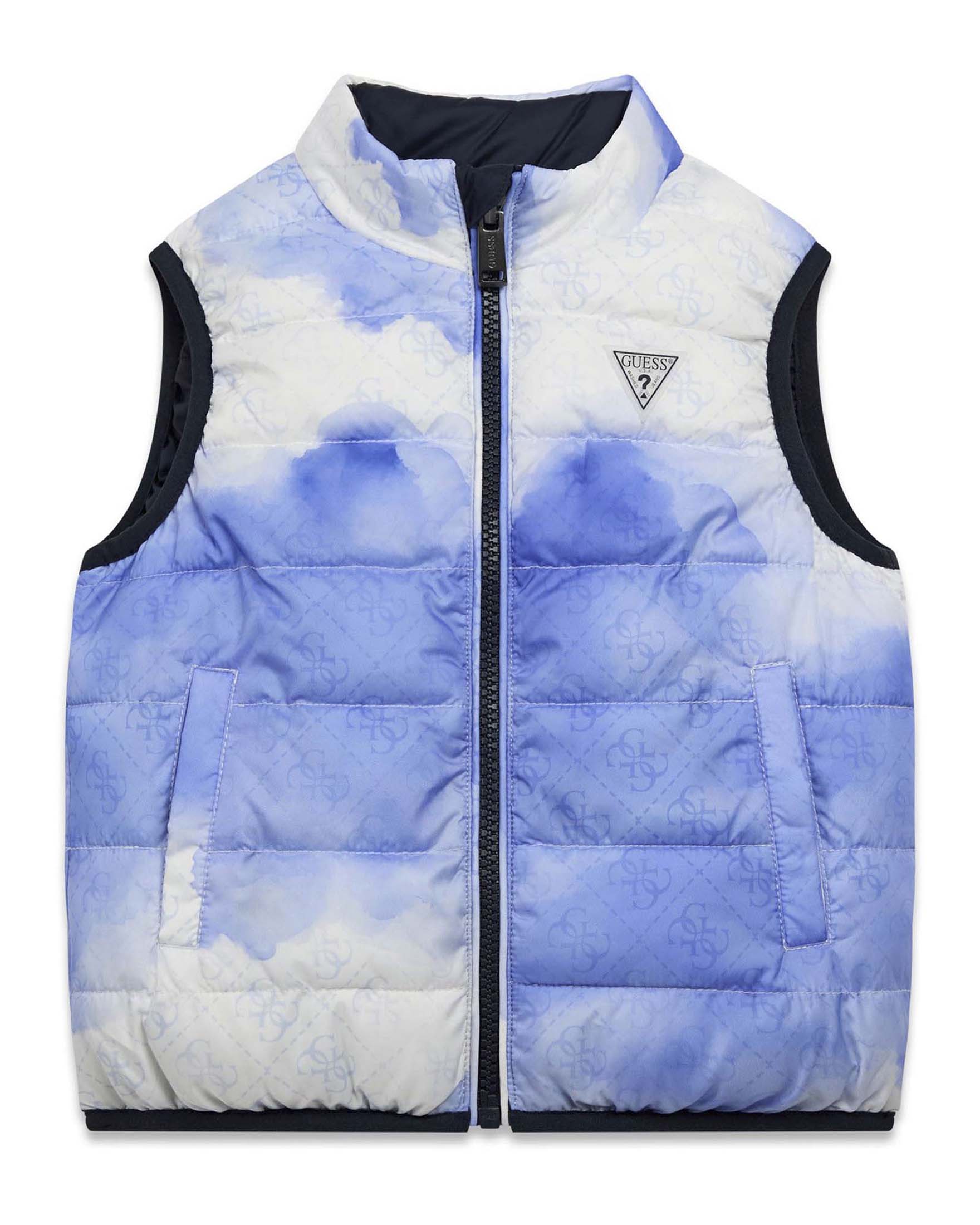 Gilet Guess Kids blu reversibile in nylon con logo stampato e fantasia acquerello