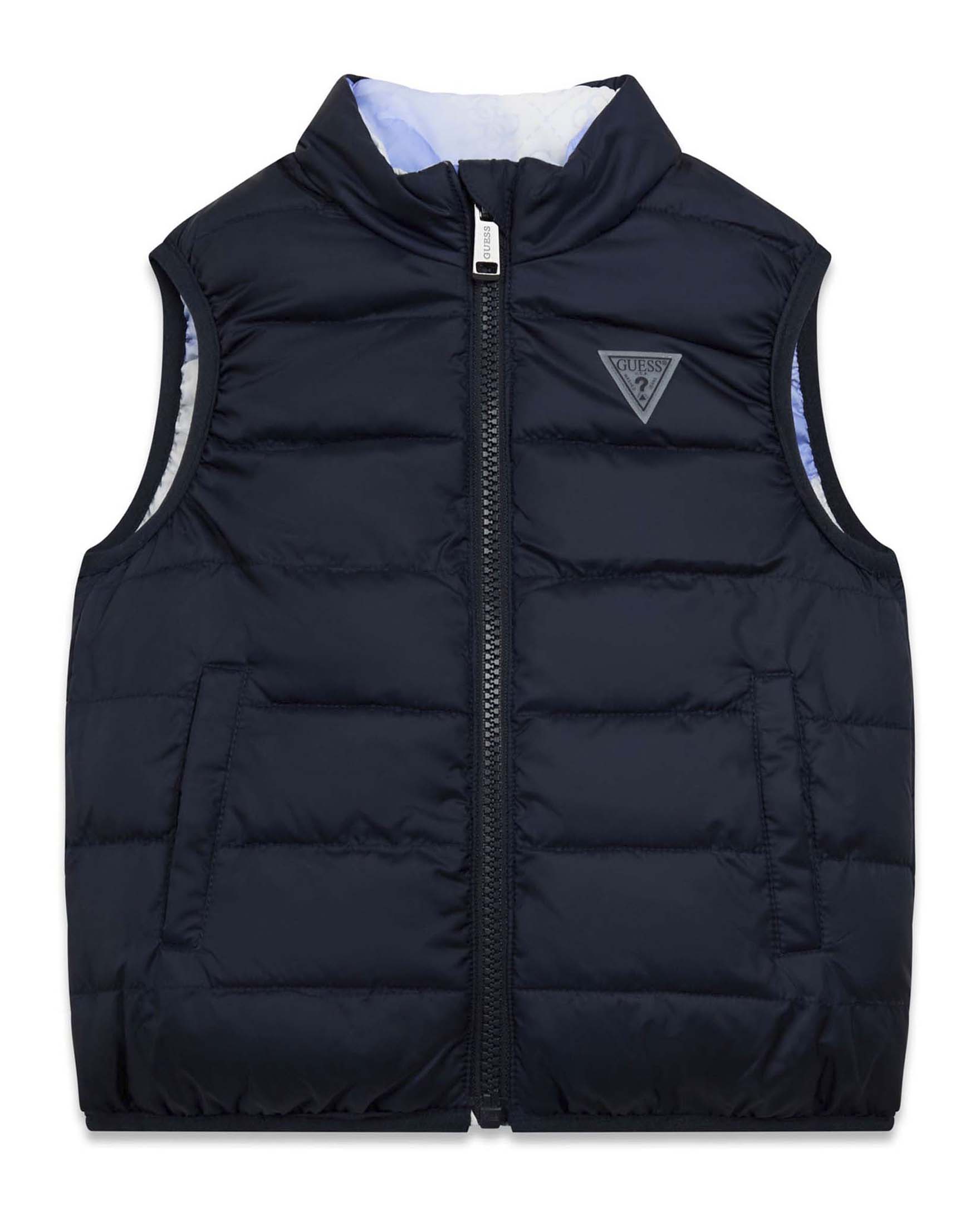 Gilet Guess Kids blu reversibile in nylon con logo stampato e fantasia acquerello image