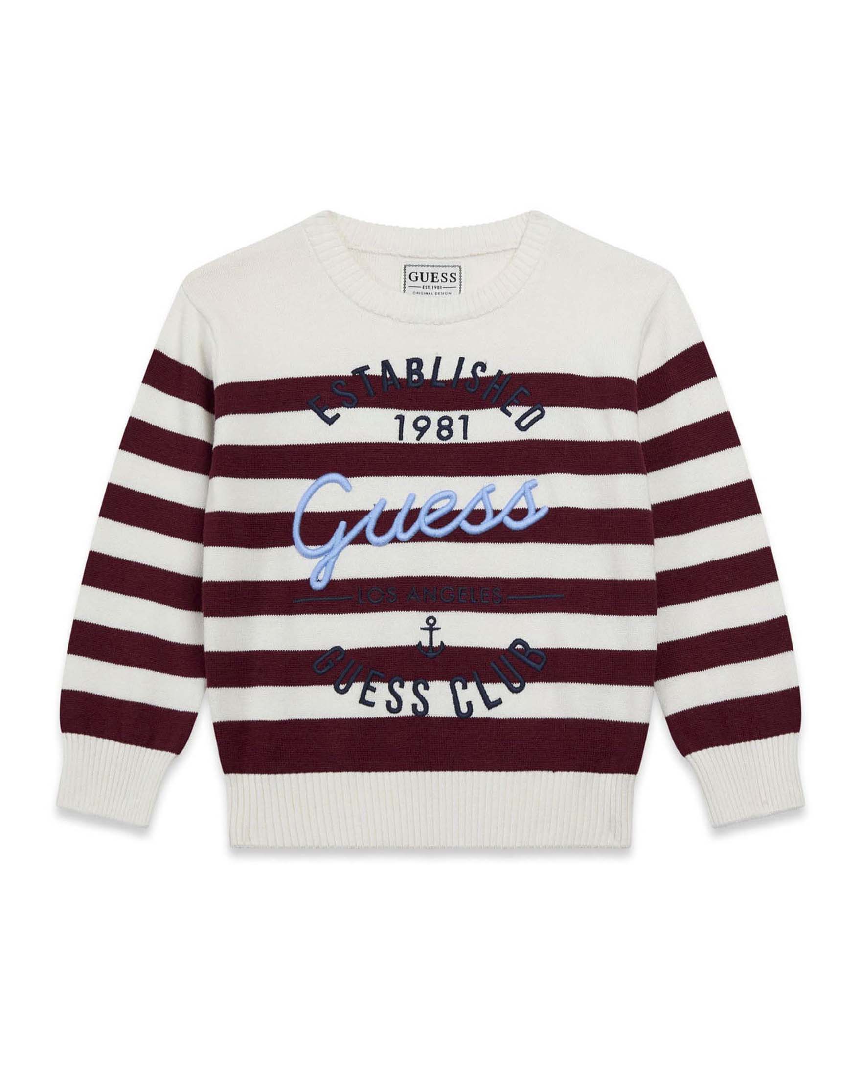 Maglia Guess Kids a righe bordeaux e panna in cotone con logo ricamato sul davanti