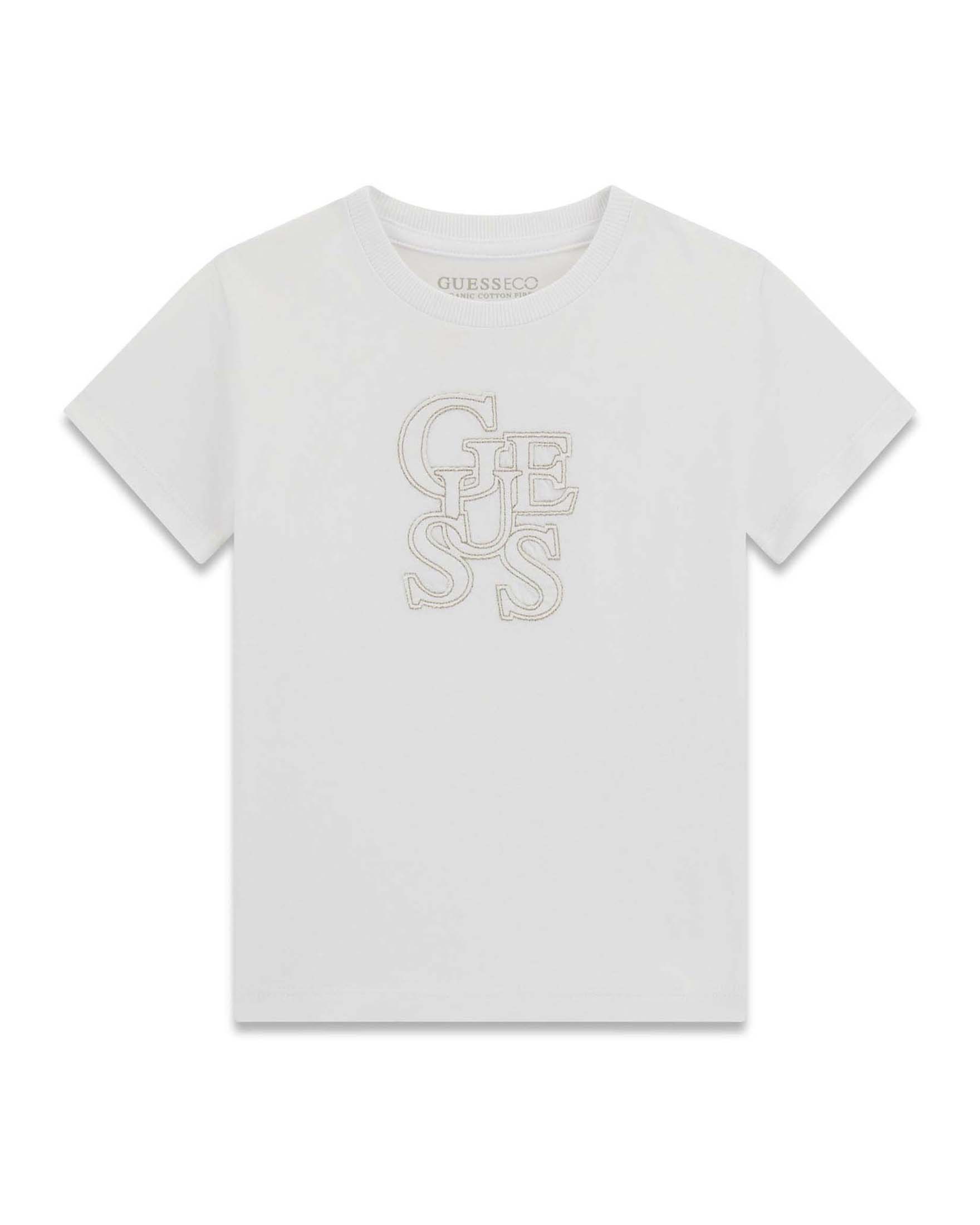 T-shirt mezza manica Guess Kids avorio in cotone con logo ricamato sul davanti