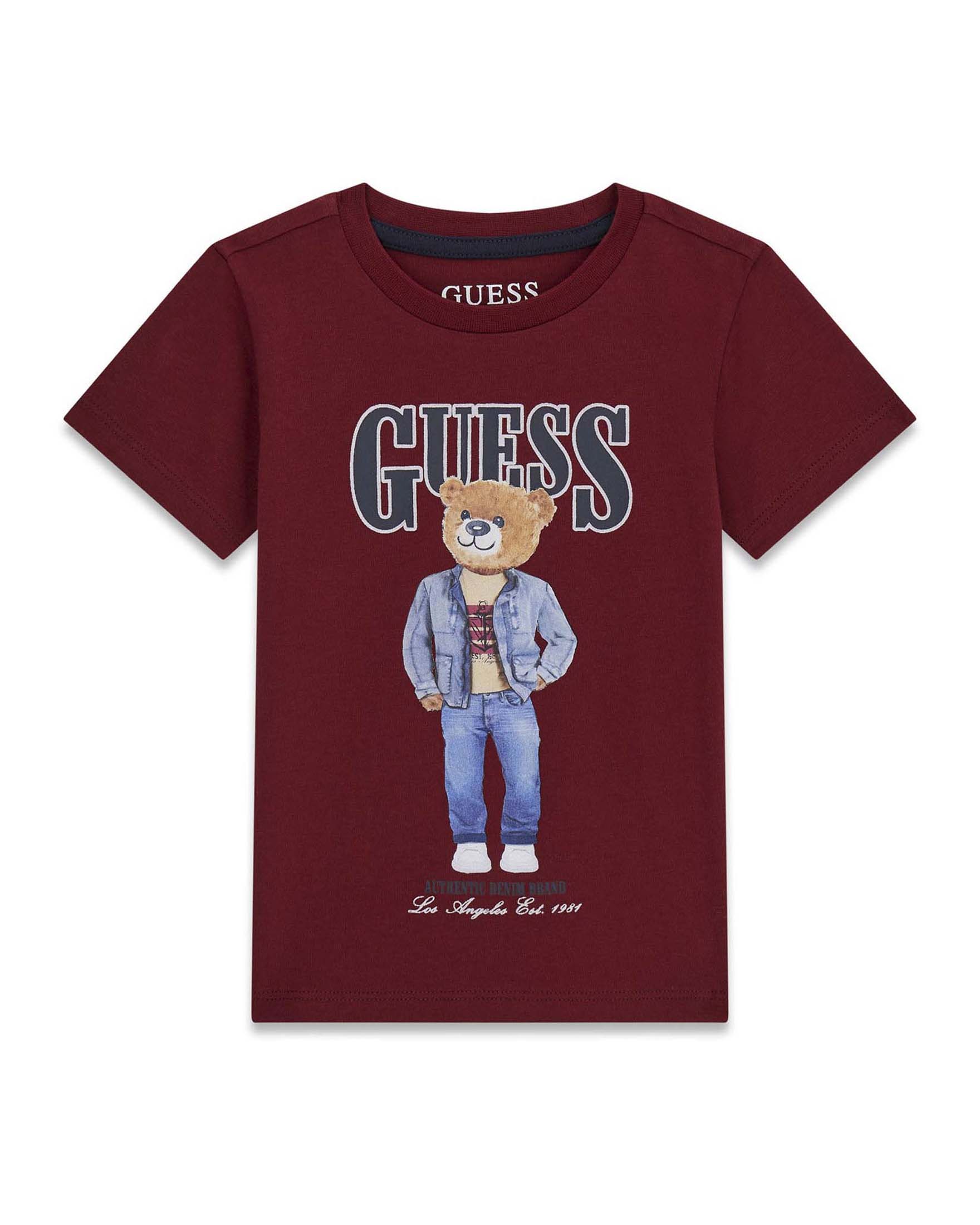 T-shirt Guess Kids bordeaux in cotone con stampa logo e orsetto