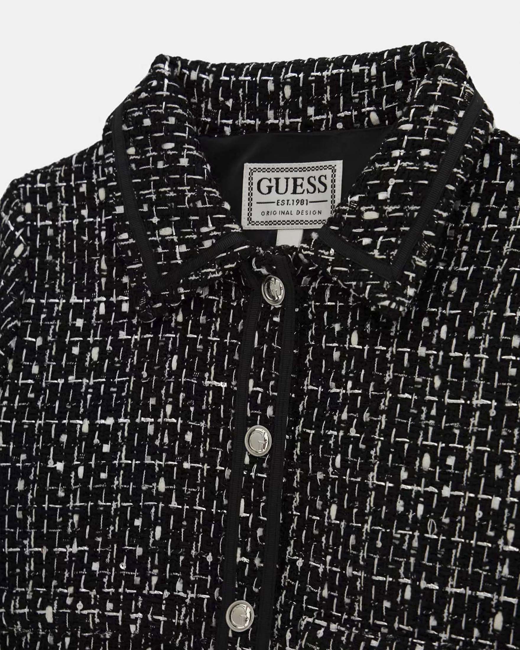 Giacca Guess Kids nera in misto viscosa tweed con dettagli lurex e logo metallic