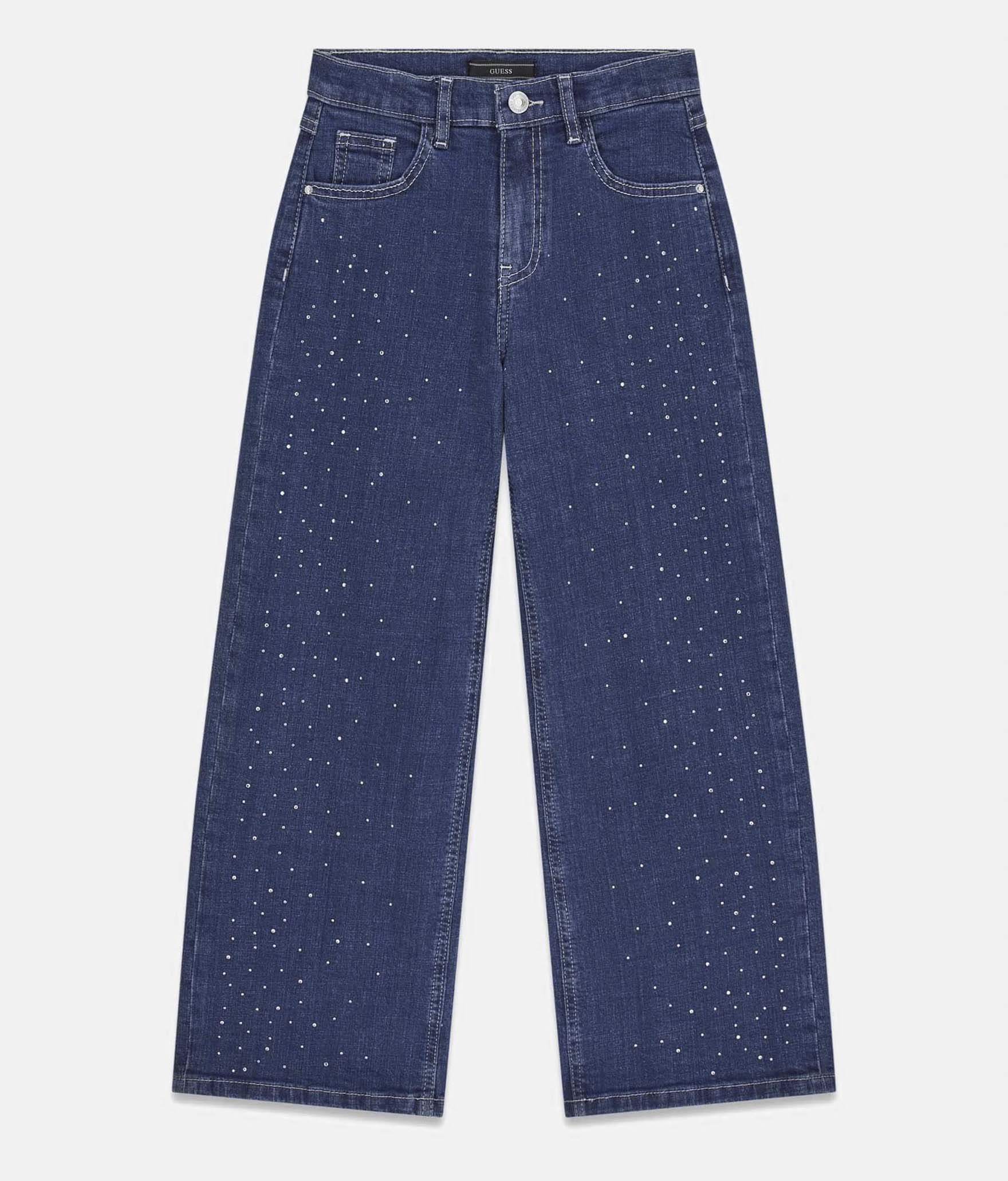 Jeans palazzo Guess Kids blu medium wash in cotone elasticizzato con strass applicati