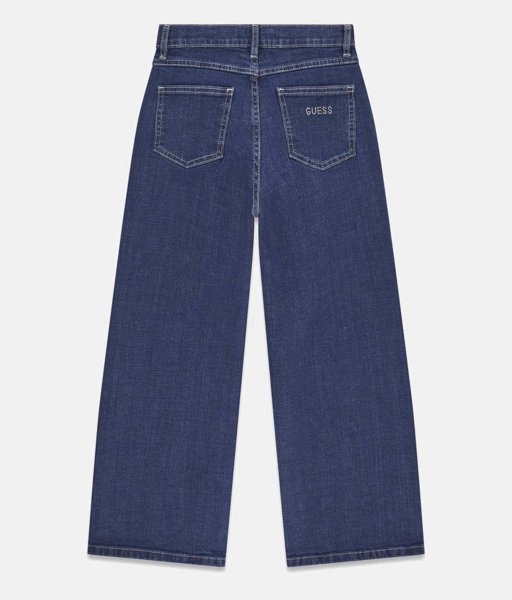 Jeans palazzo Guess Kids blu medium wash in cotone elasticizzato con strass applicati image