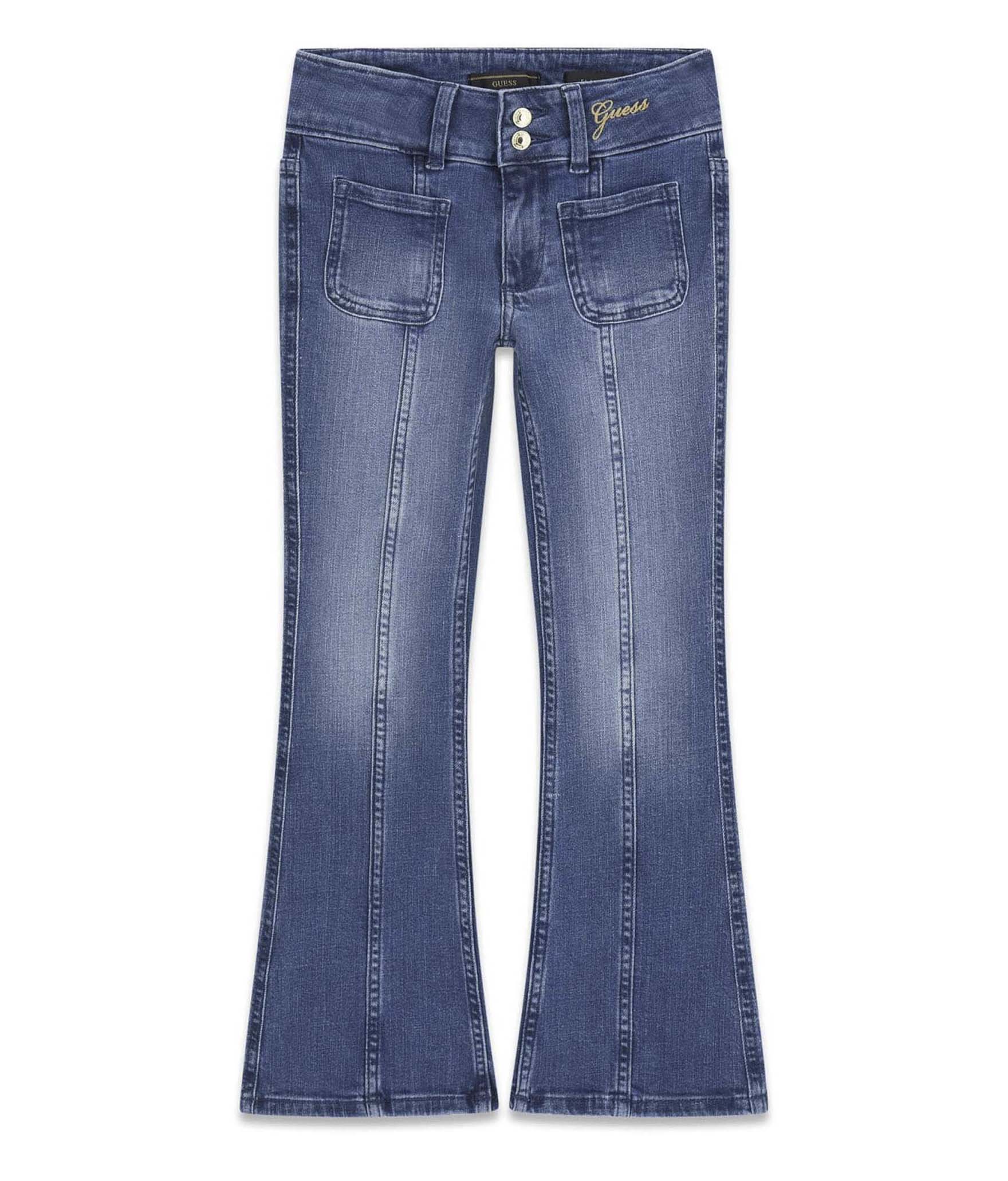 Jeans flare Guess Kids blu medium wash in cotone elasticizzato con logo ricamato