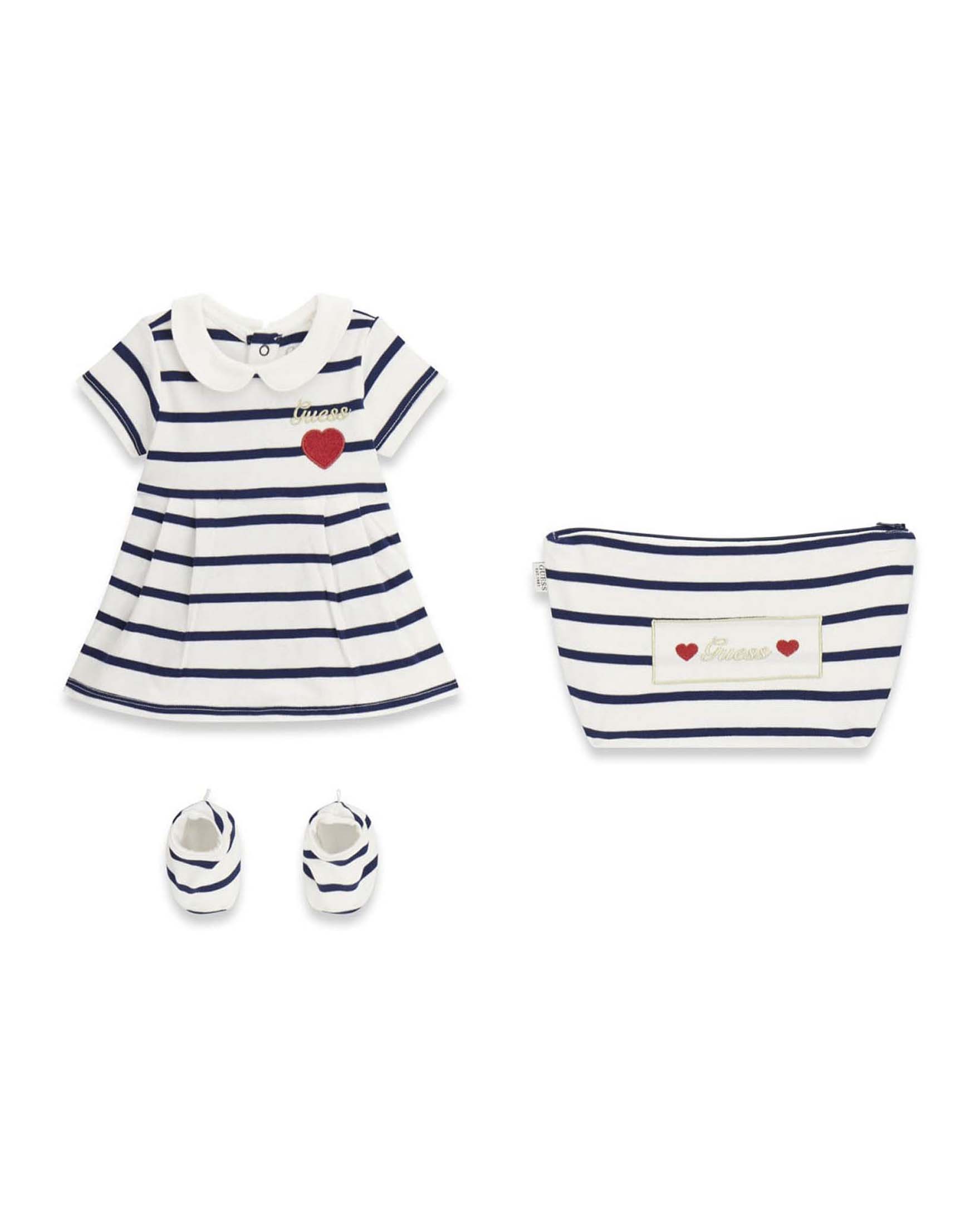 Completo Guess Kids bianco a righe blu in cotone con logo e cuore ricamati
