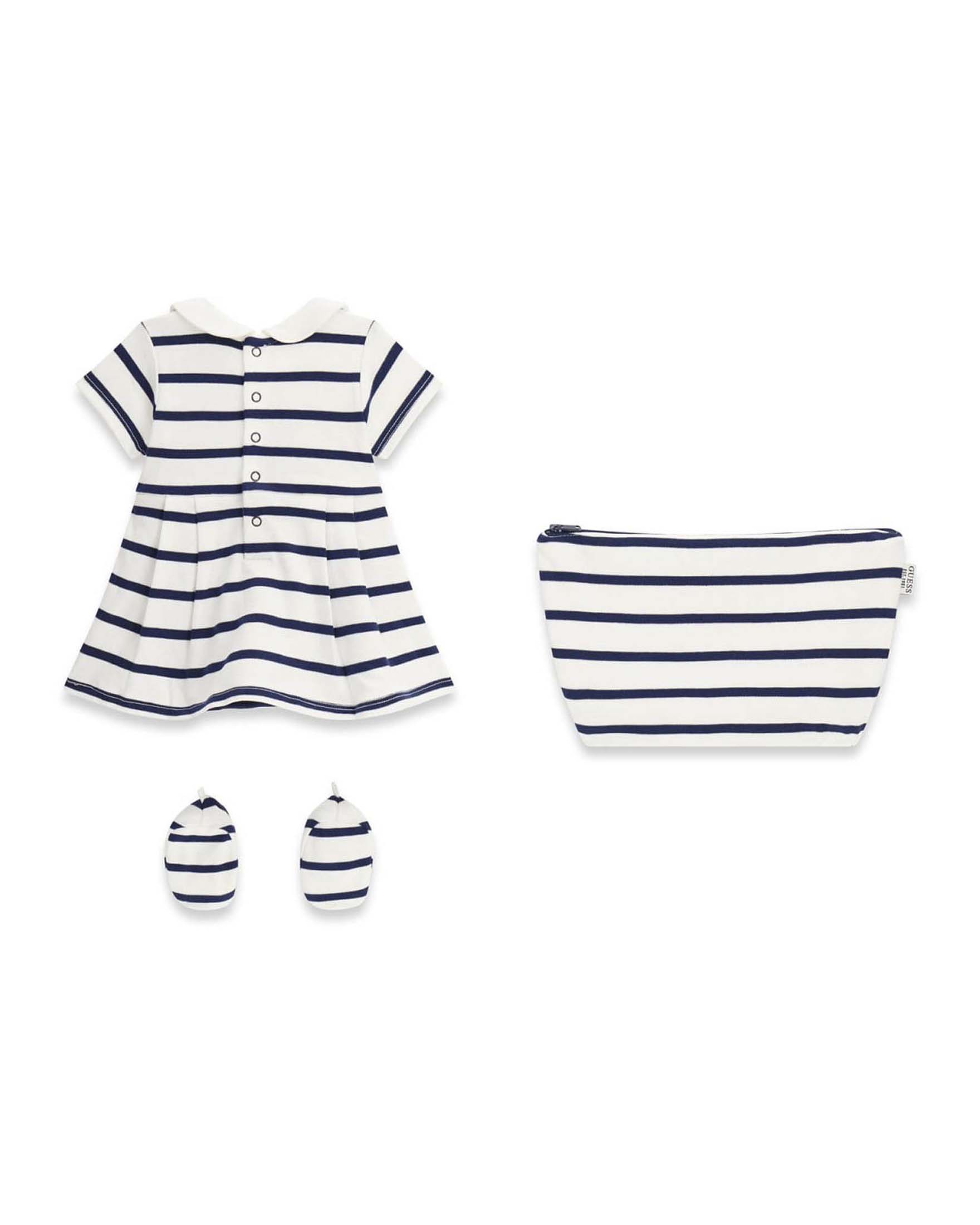 Completo Guess Kids bianco a righe blu in cotone con logo e cuore ricamati image