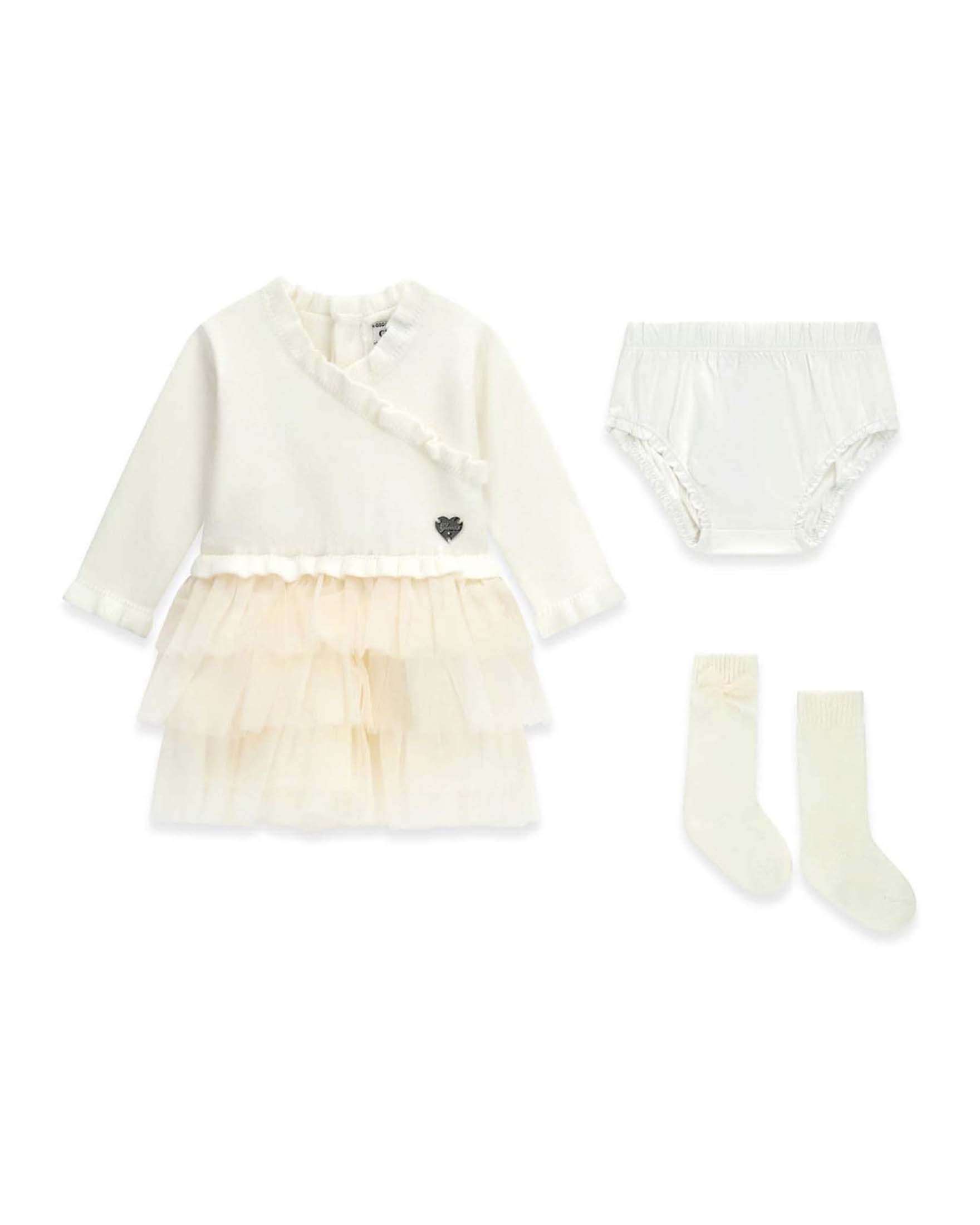 Completo Guess Kids panna in misto viscosa con abito tulle e calzini coordinati
