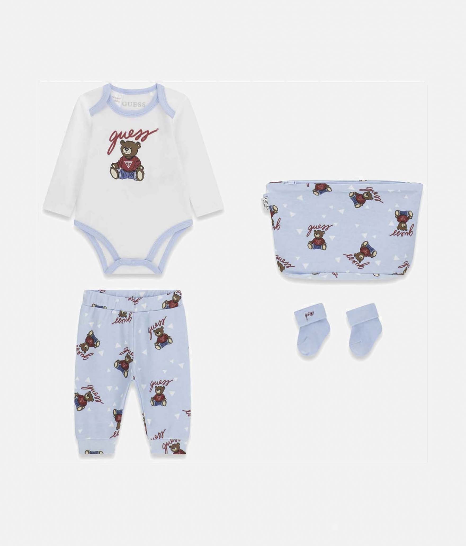 Completo Guess Kids azzurro in cotone con stampa orsetto e logo stampato