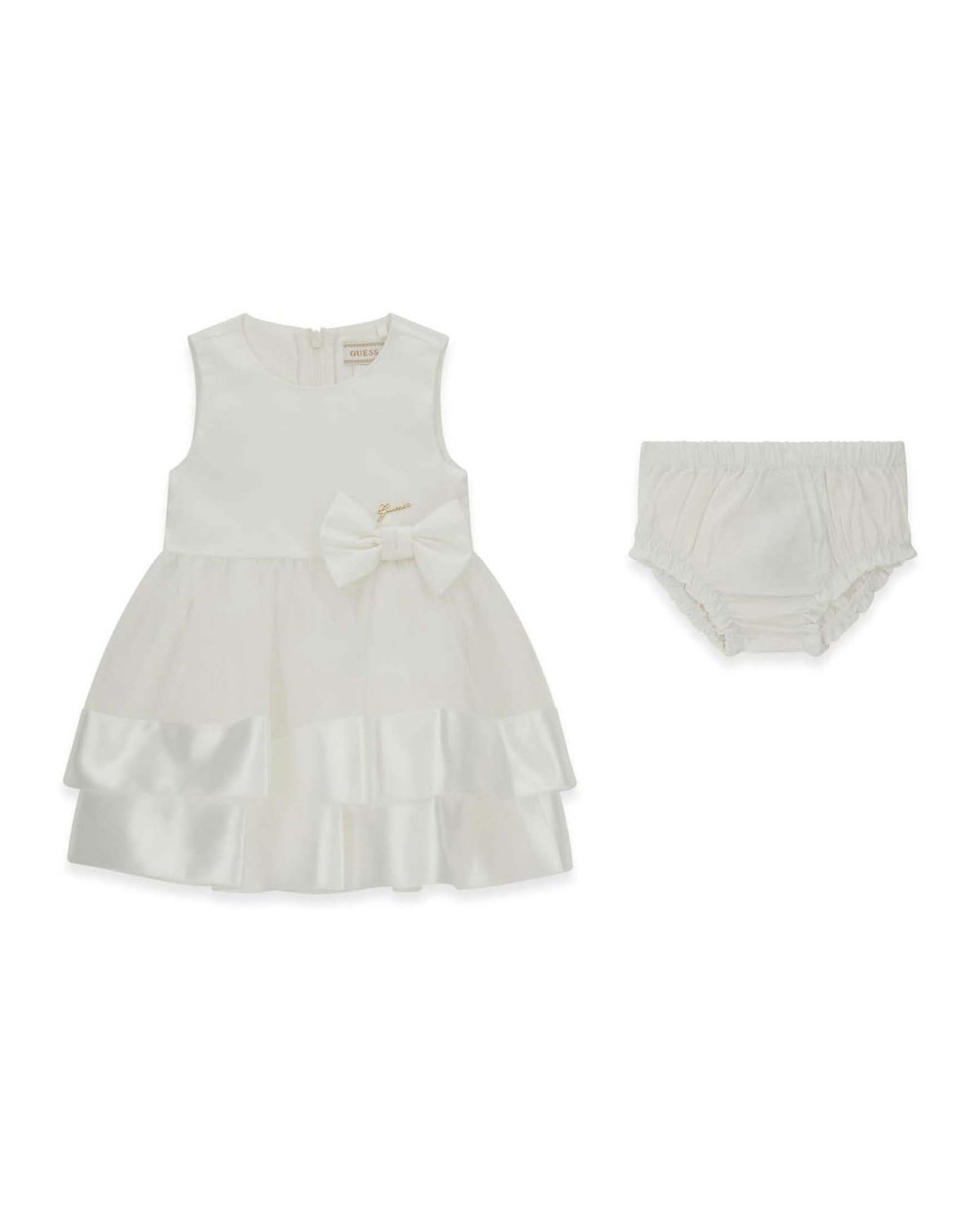 Abito con culotte Guess Kids bianco in raso e tulle con fiocco e dettaglio logo