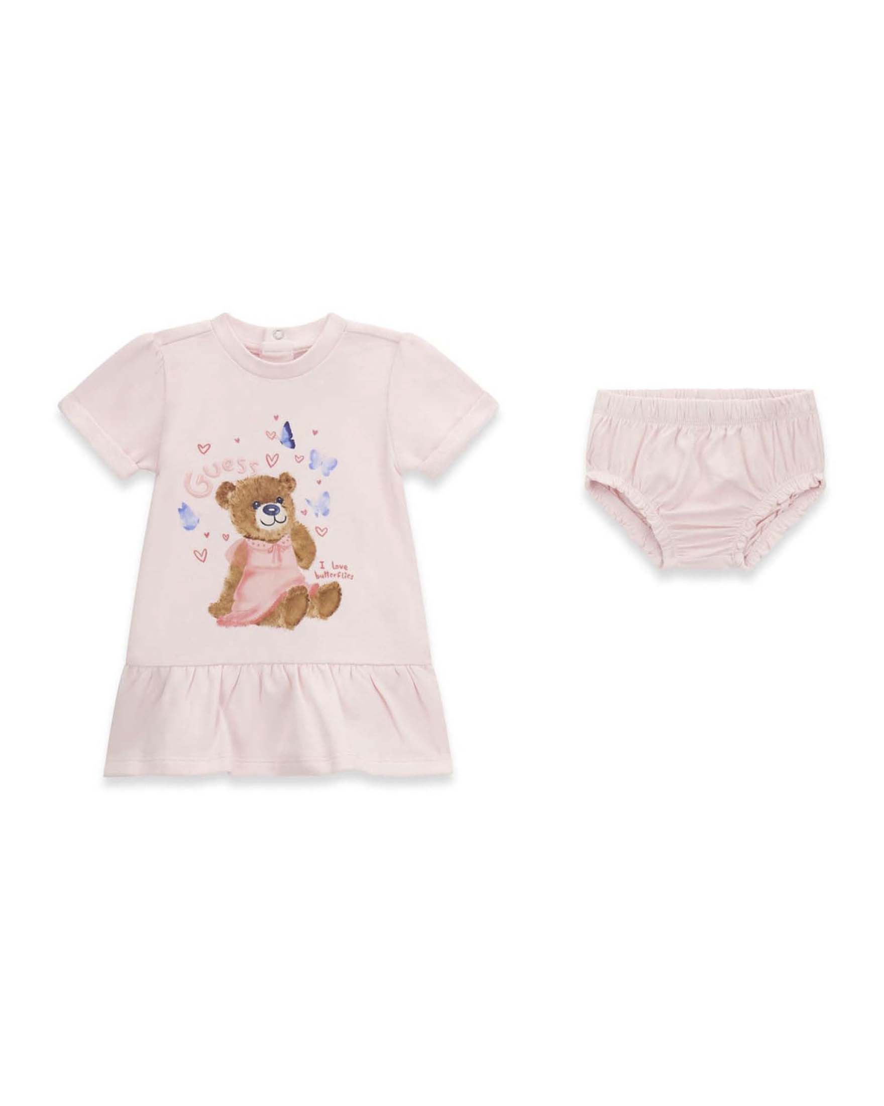 Abito Guess Kids rosa in cotone con stampa orsetto e farfalle