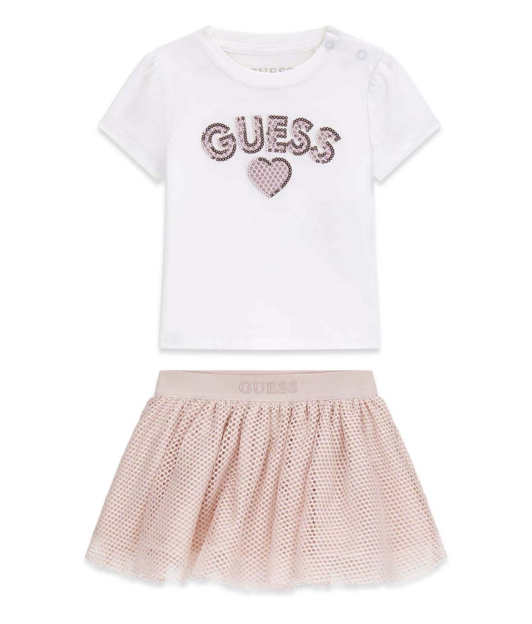 Completo Guess Kids bianco e rosa in misto cotone con T-shirt stampa logo e gonna rete