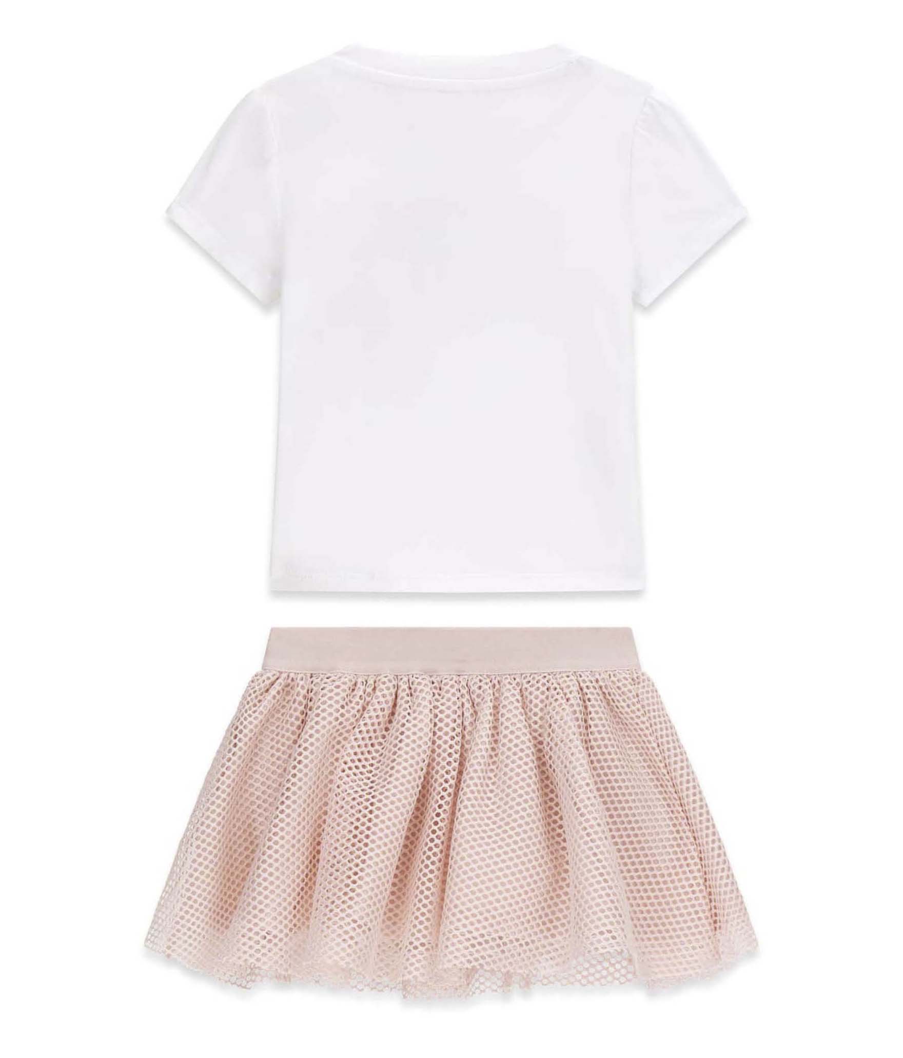 Completo Guess Kids bianco e rosa in misto cotone con T-shirt stampa logo e gonna rete image