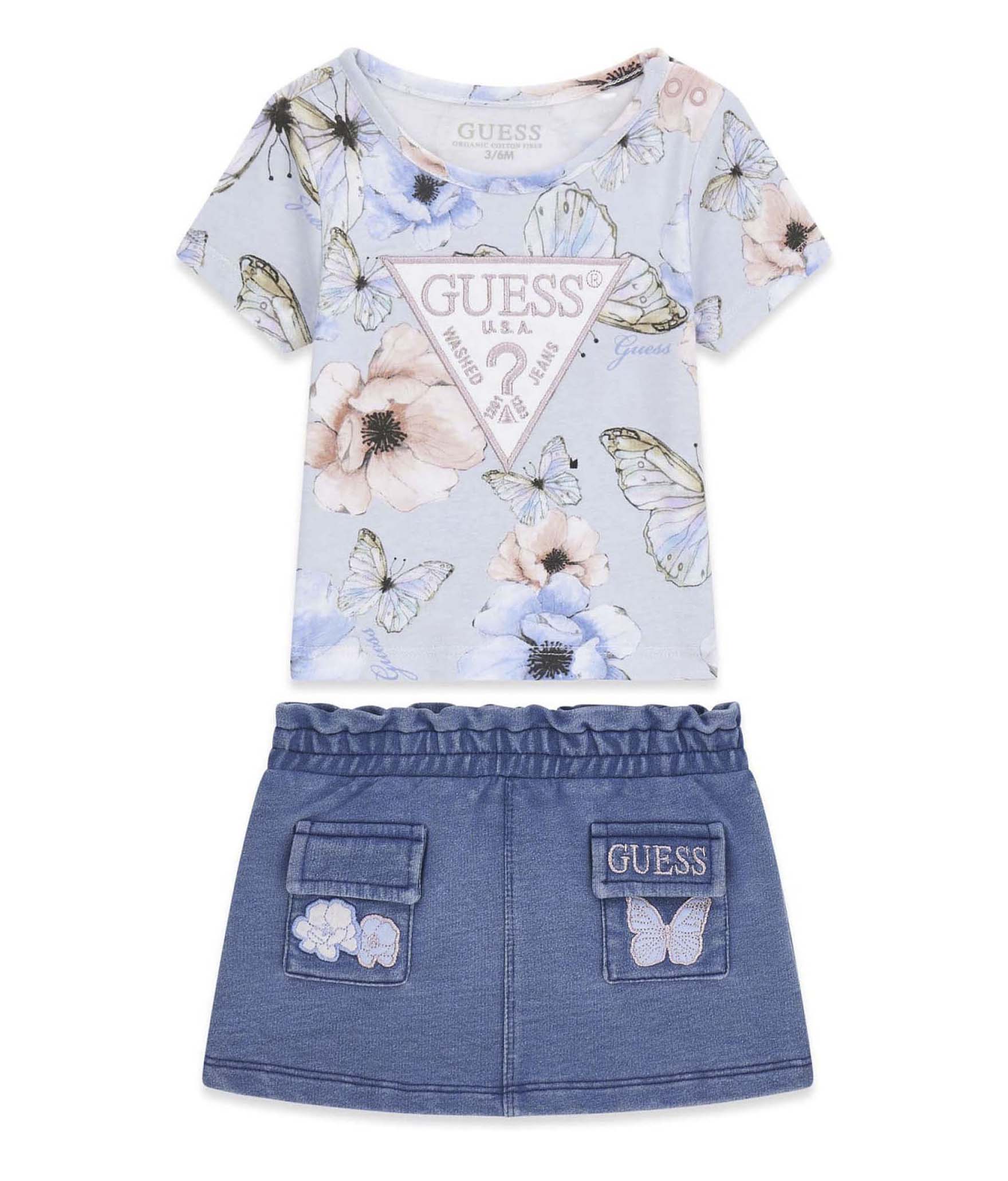 Completo Guess Kids azzurro in cotone con T-shirt stampa logo e gonna denim ricamo