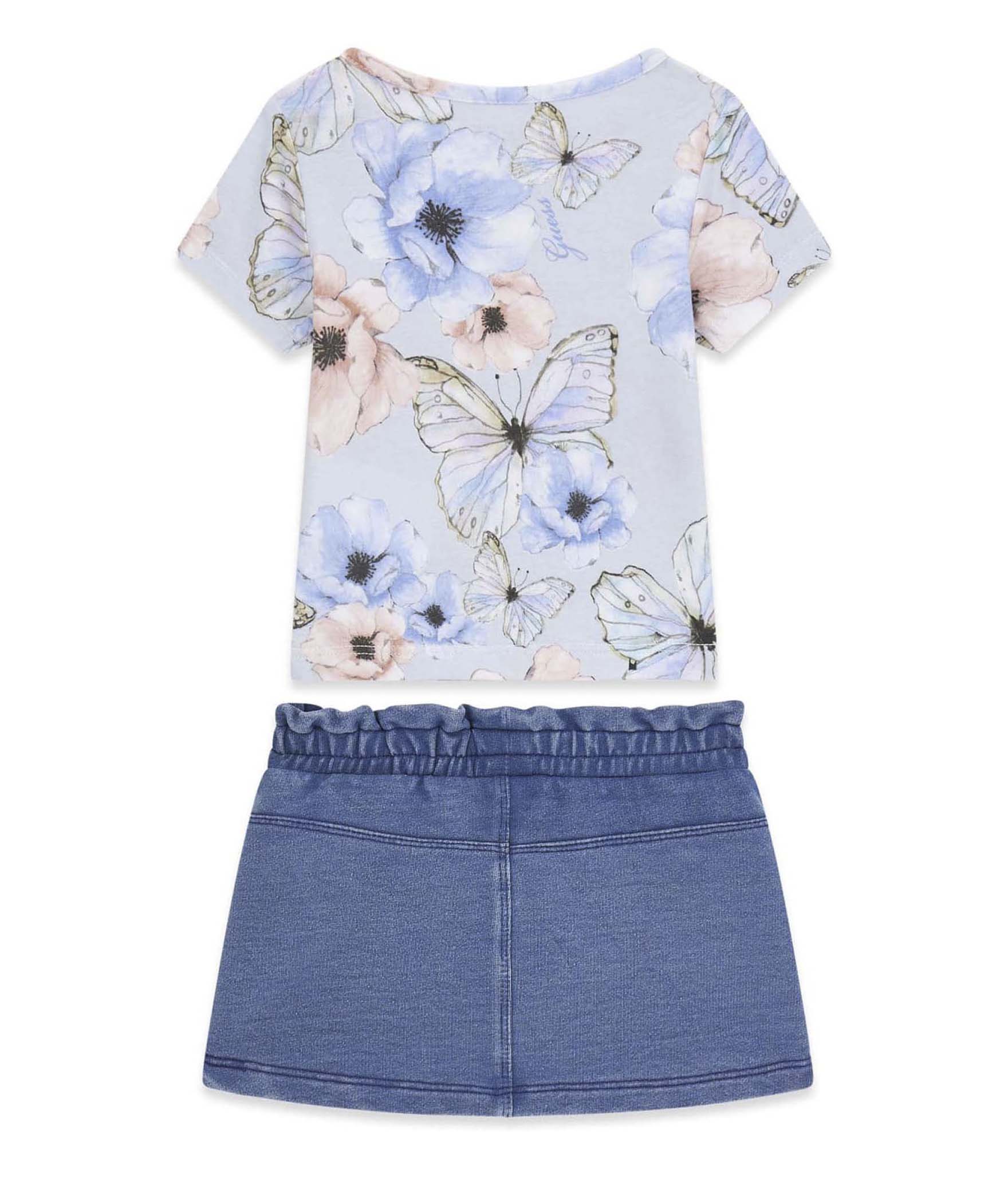 Completo Guess Kids azzurro in cotone con T-shirt stampa logo e gonna denim ricamo image