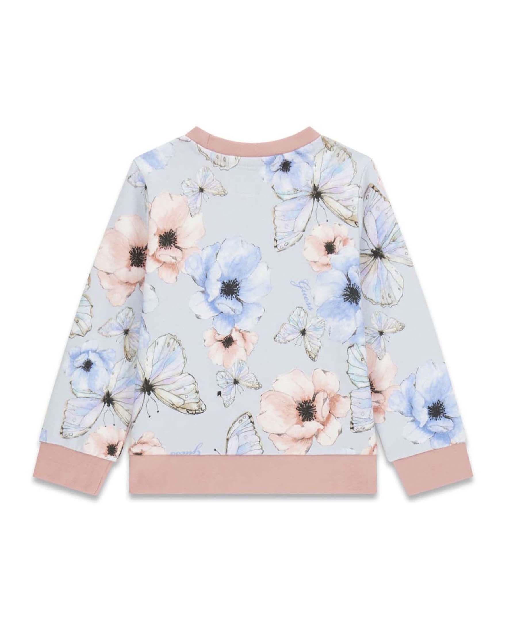 Felpa Guess Kids azzurra in cotone con stampa fiori e farfalle e logo glitterato image