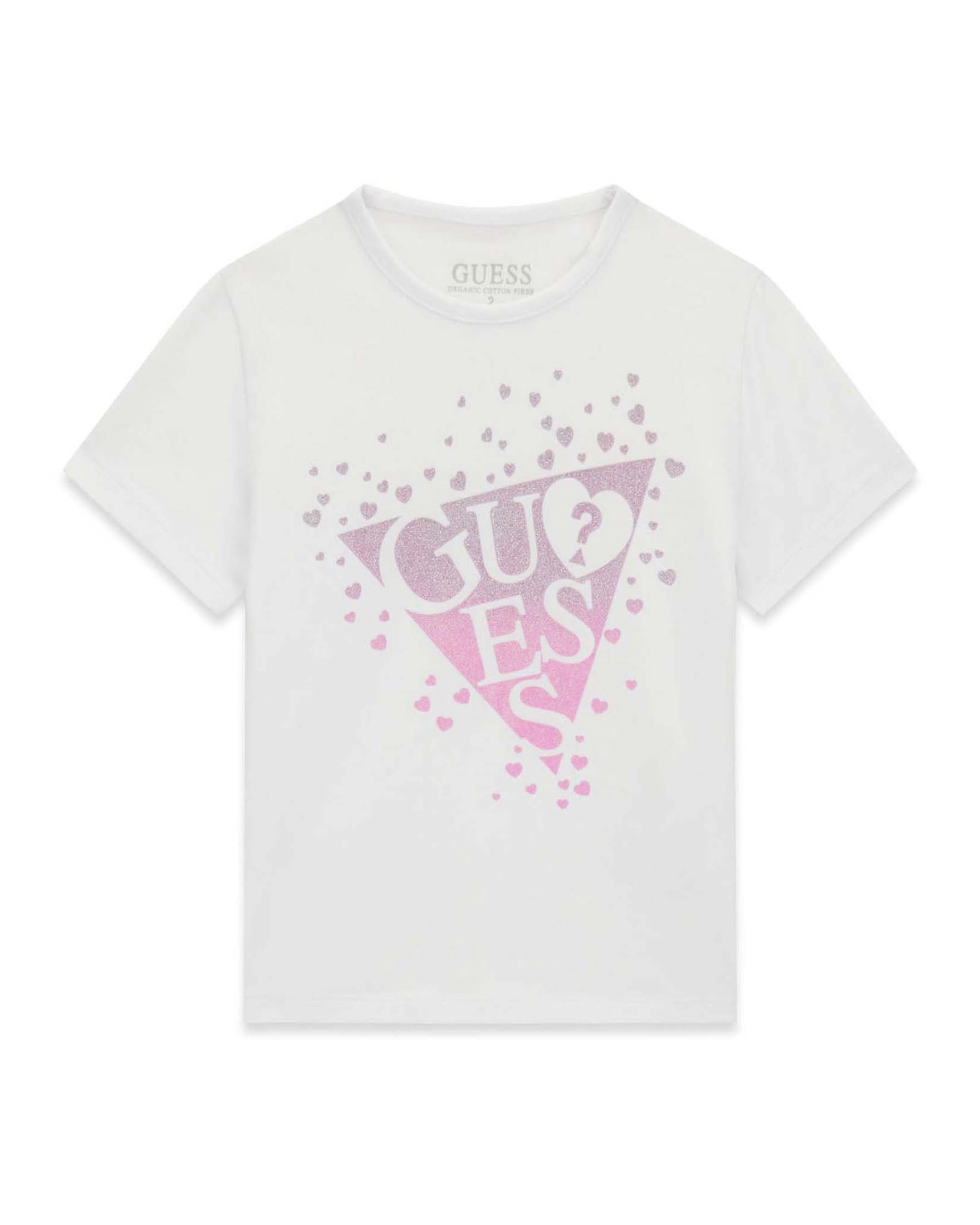 T-shirt mezza manica Guess Kids bianca in jersey di cotone con logo stampato glitterato