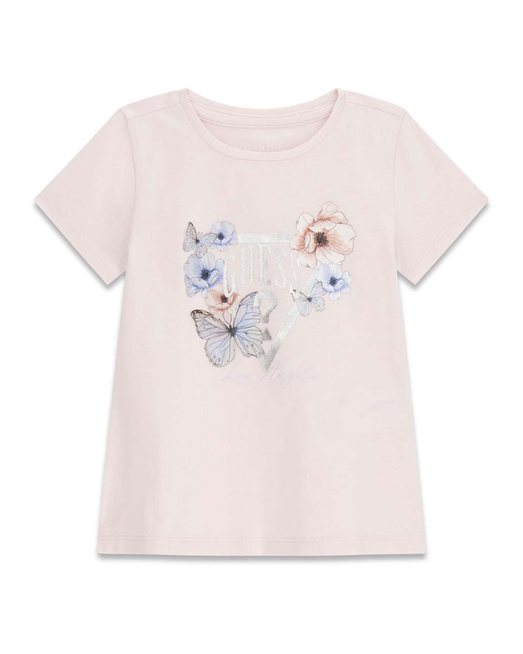 T-shirt mezza manica Guess Kids rosa in cotone con stampa logo fiori e farfalle