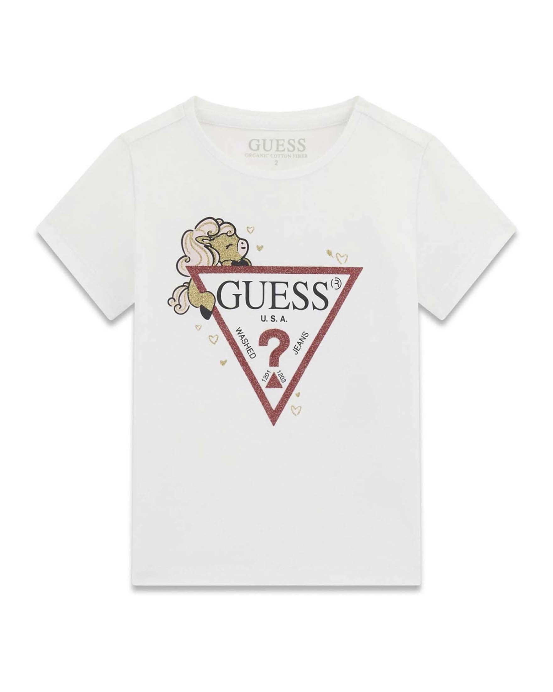 T-shirt mezza manica Guess Kids bianca in jersey di cotone con stampa logo e unicorno